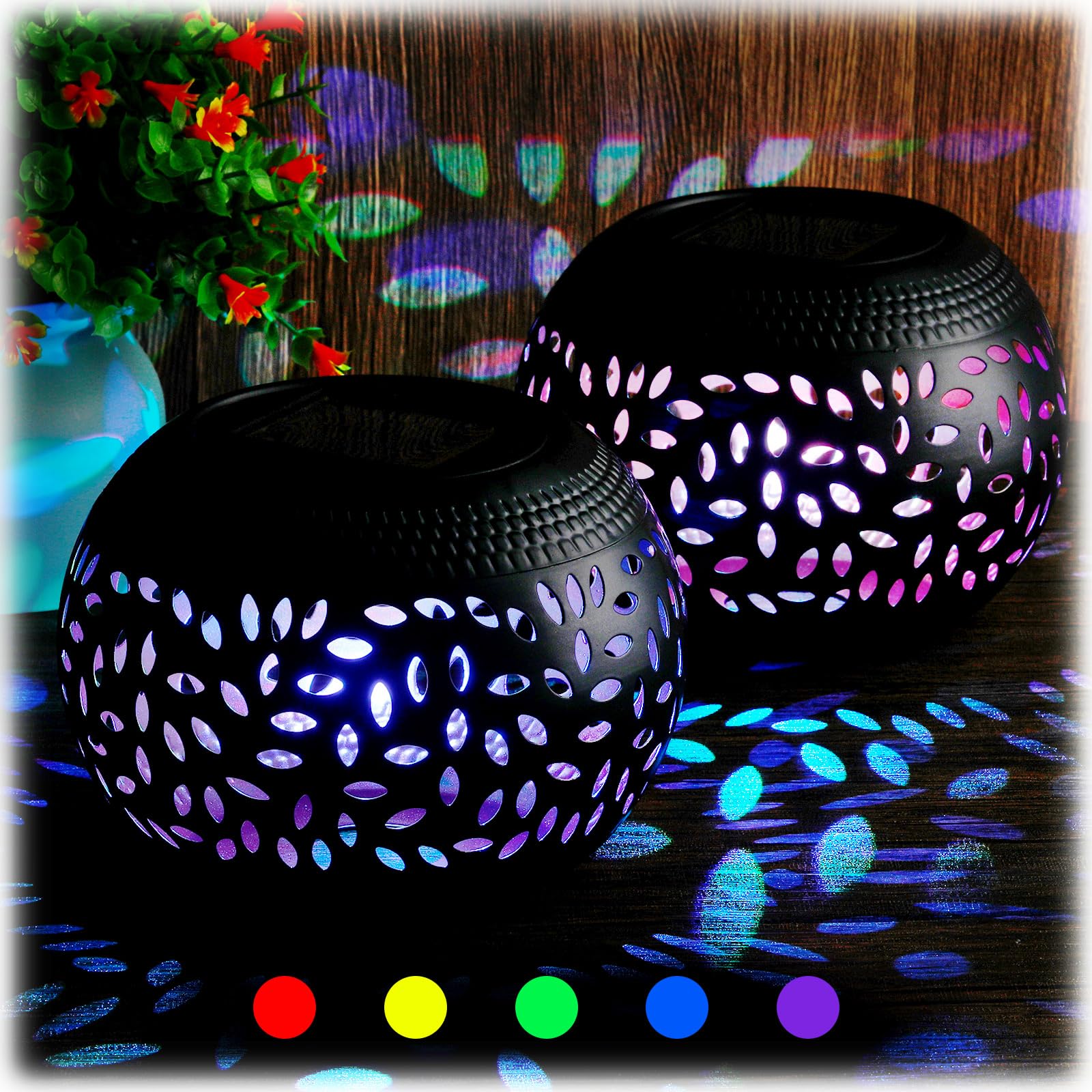 Reginary 2 Pcs Solar Lanterns Waterproof Outdoor Decor, Hollow Out Retro Metal Solar Lights 7 Color 2 Modes Decorative Atmospher