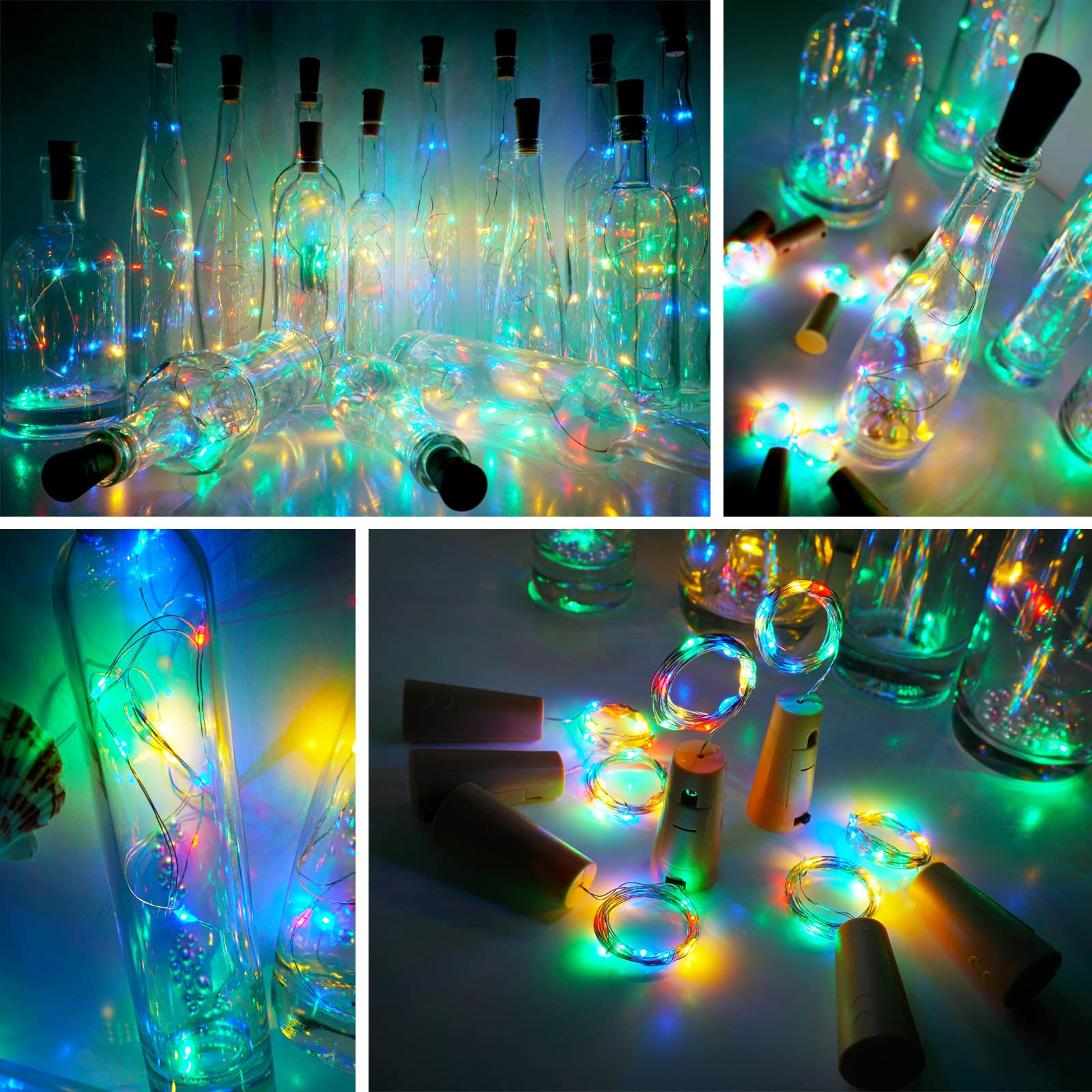 SmilingTown Cork Lights - 15 Pack LED Fairy String Lights, 40 Inches, Multi-Color (Red, Green, Blue, Warm White), Battery Operated, Model BCL-mr