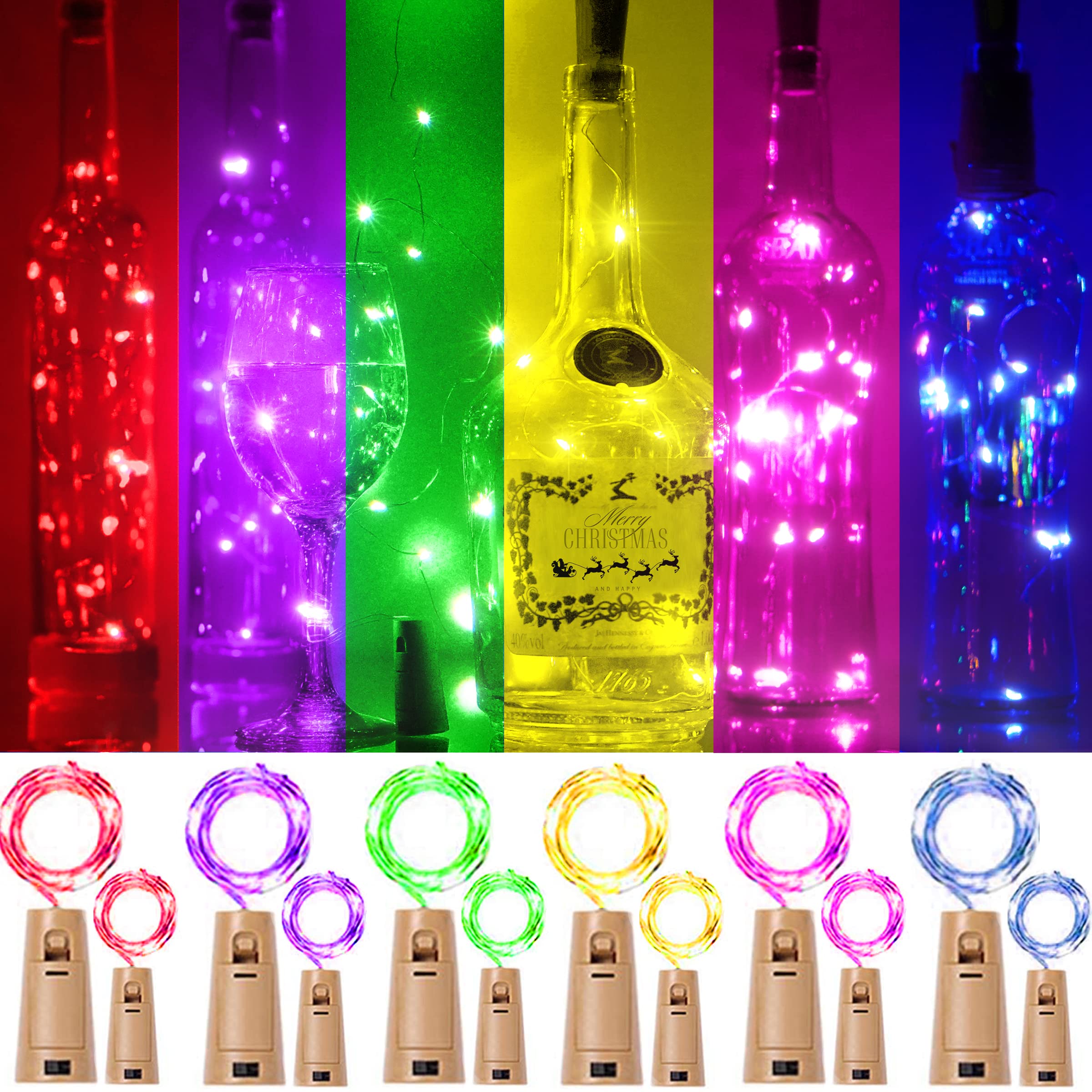 SmilingTown 12 Packs 20 LED Beverage Bottle Light with Cork - Silver Wire Cork Lights Battery Operated Fairy Mini String Lights Craft White Christmas Wedding Decoration Party Lights (Cool White)
