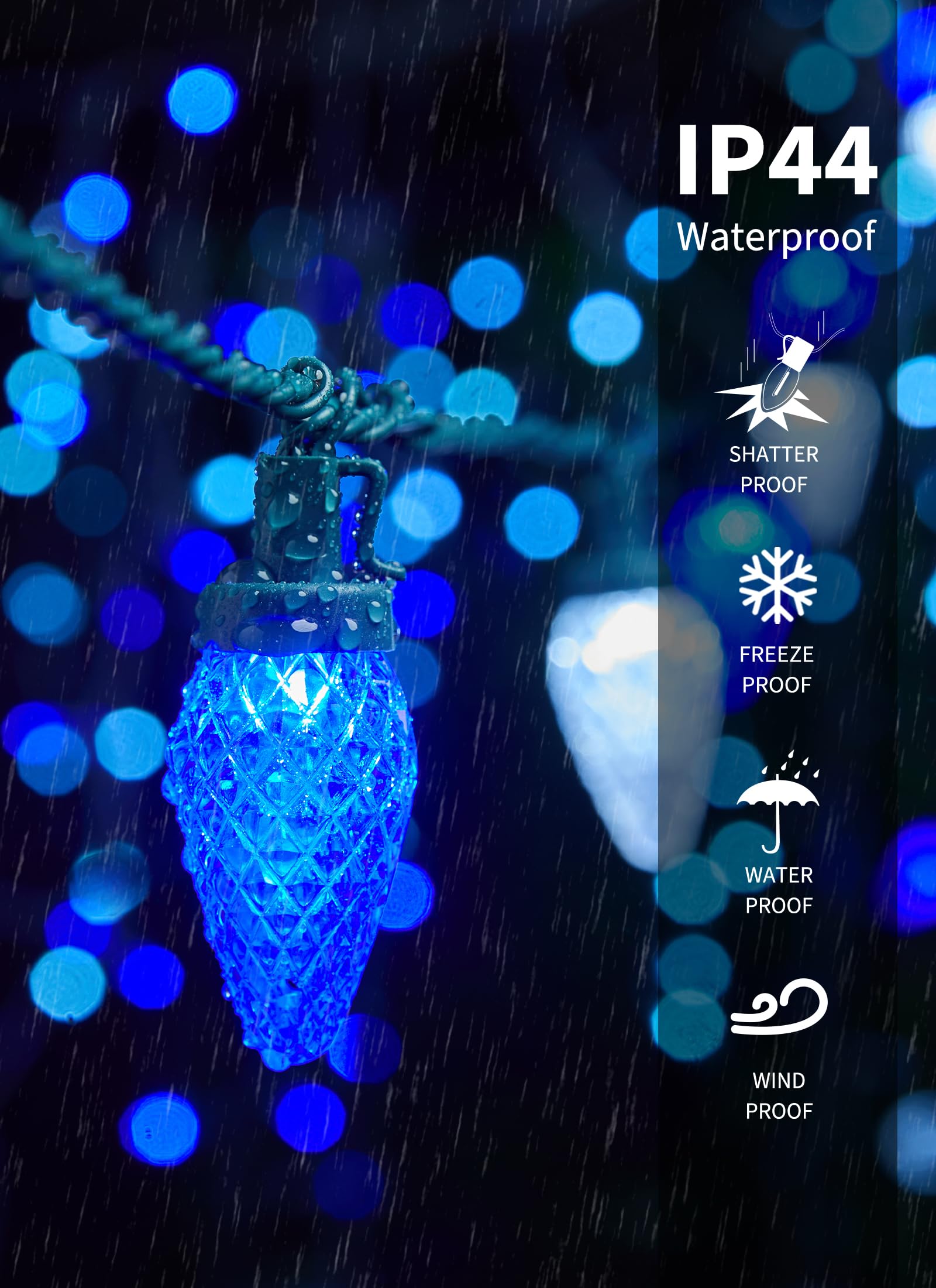 Minetom C9 LED Christmas Lights, 81ft 100 Bulbs, Waterproof, Timer & 8 Modes, Blue & Pure White, Outdoor/Indoor Decoration