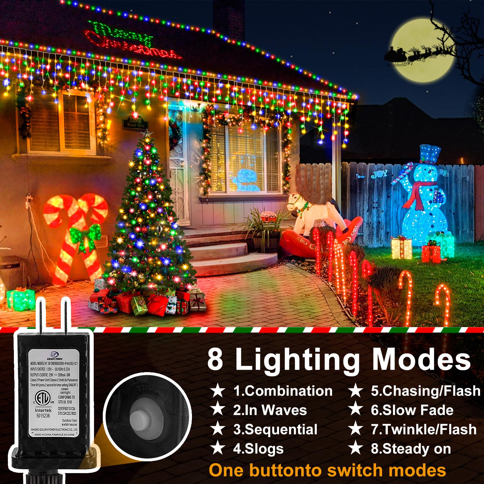 Heceltt Christmas Lights Outdoor 2 Pack 98FT 960 LED Multicolor Waterproof Eaves Roof Party Decor Model BG-CL3M3-306L01