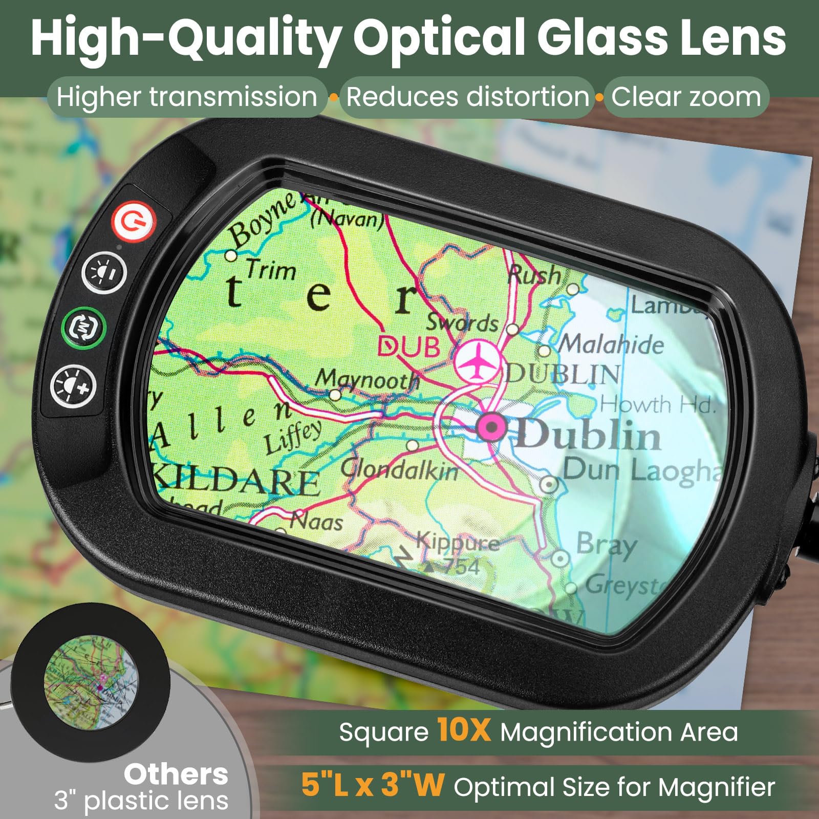 10X Rectangular Magnifying Glass With Light And Stand, 24'' Flexible Gooseneck Floor Lamp, 3-In-1 Led 5 Color Modes, Brightness