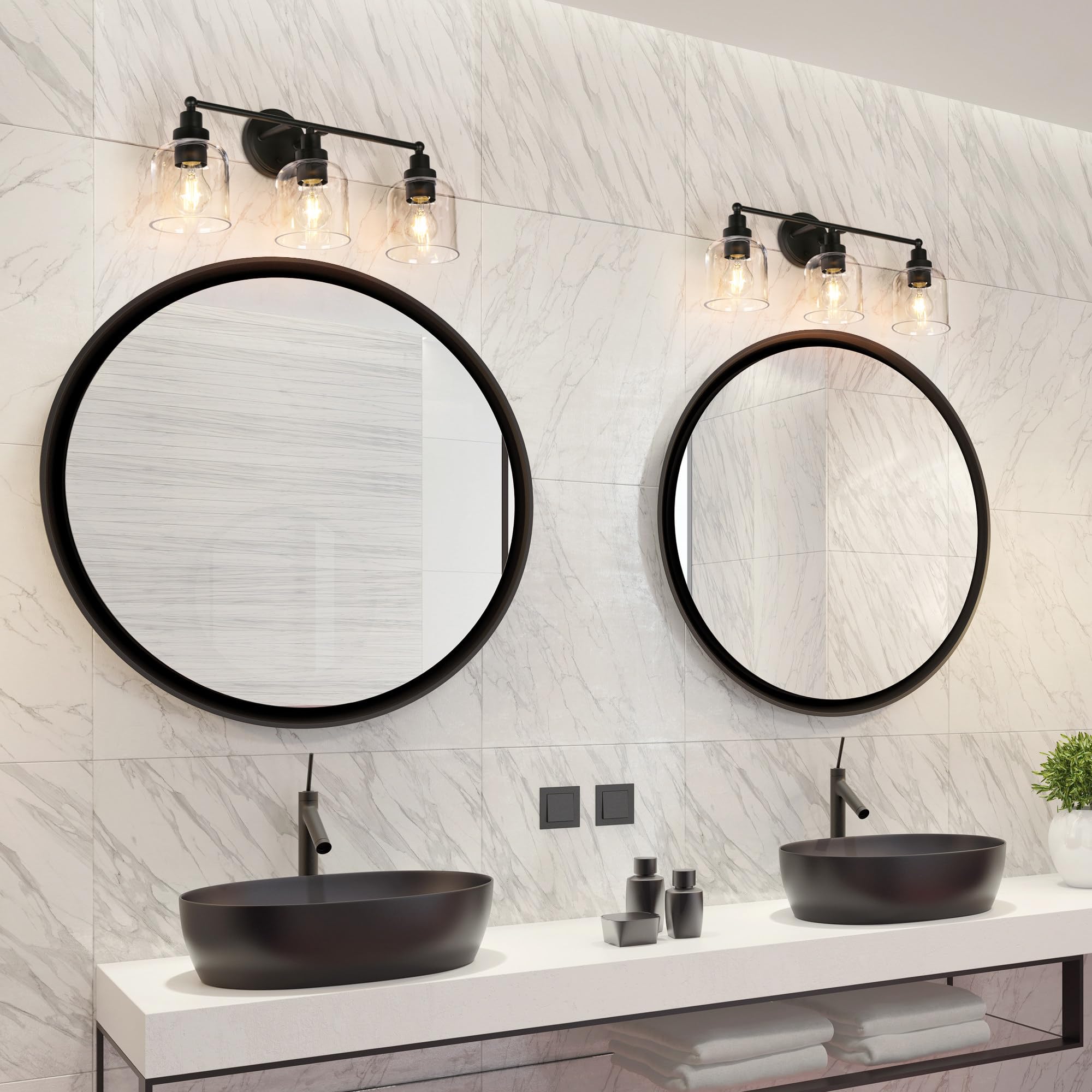GEPOW 3-Light Bathroom Wall Light Fixture, Black Metal with Clear Glass Shade, Modern Farmhouse Design
