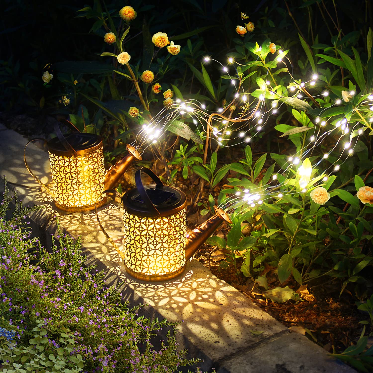 Maleyt Solar Watering Can Lights, Copper Retro Metal, 2 Pack, Waterproof Outdoor Lanterns for Garden Decor