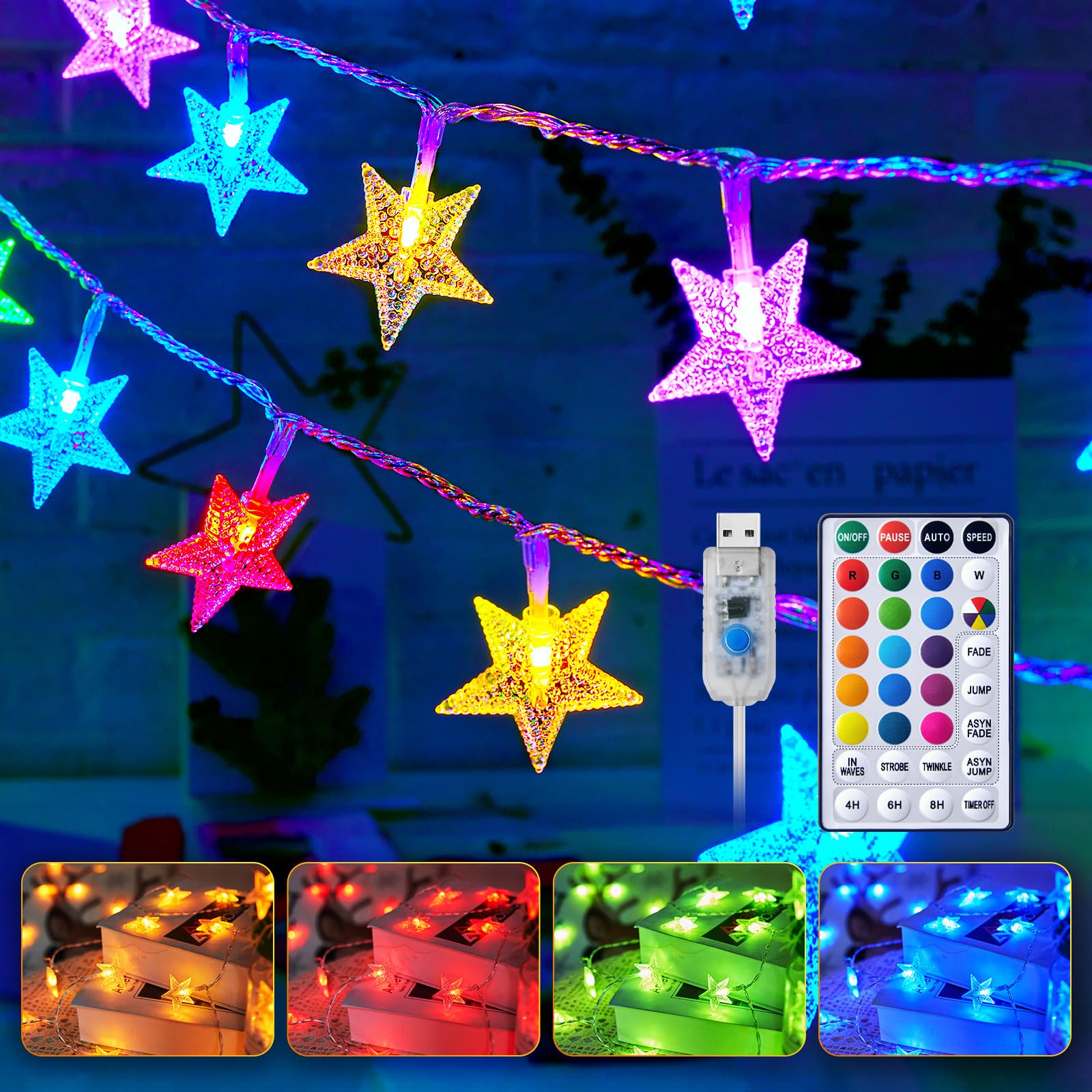 Minetom USB Star String Lights - 33 ft 100 LED Color Changing Star Fairy Lights with Remote and Timer, 16 Single Colors and 7 Modes Starry Lights for Bedroom Dorm Tent Bed Patio Christmas Party Indoor