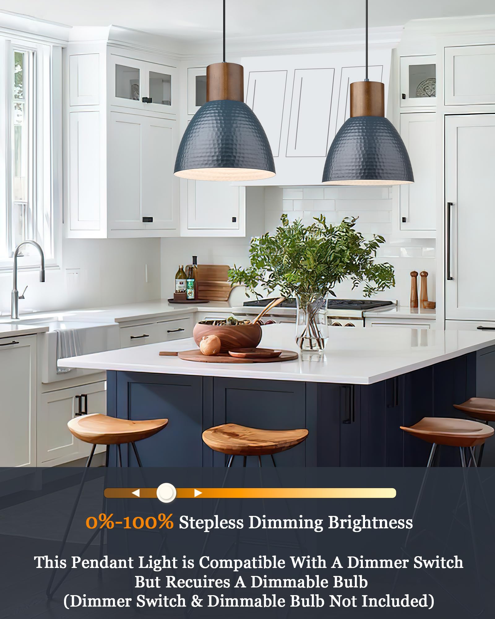 Elyona 2 Pack Hammered Blue Pendant Lights, Adjustable Height Industrial Lighting For Home Decor