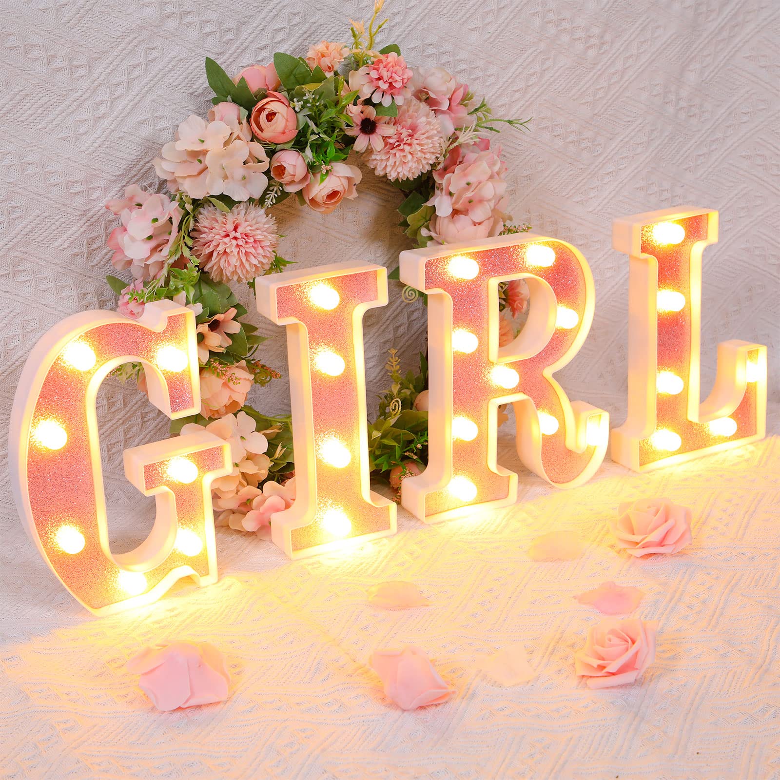 Sacubee Set of 8 Pink Baby Shower Decoration for Girl Baby LED Letters for Baby Shower Light up Letter Battery Operated Baby Let