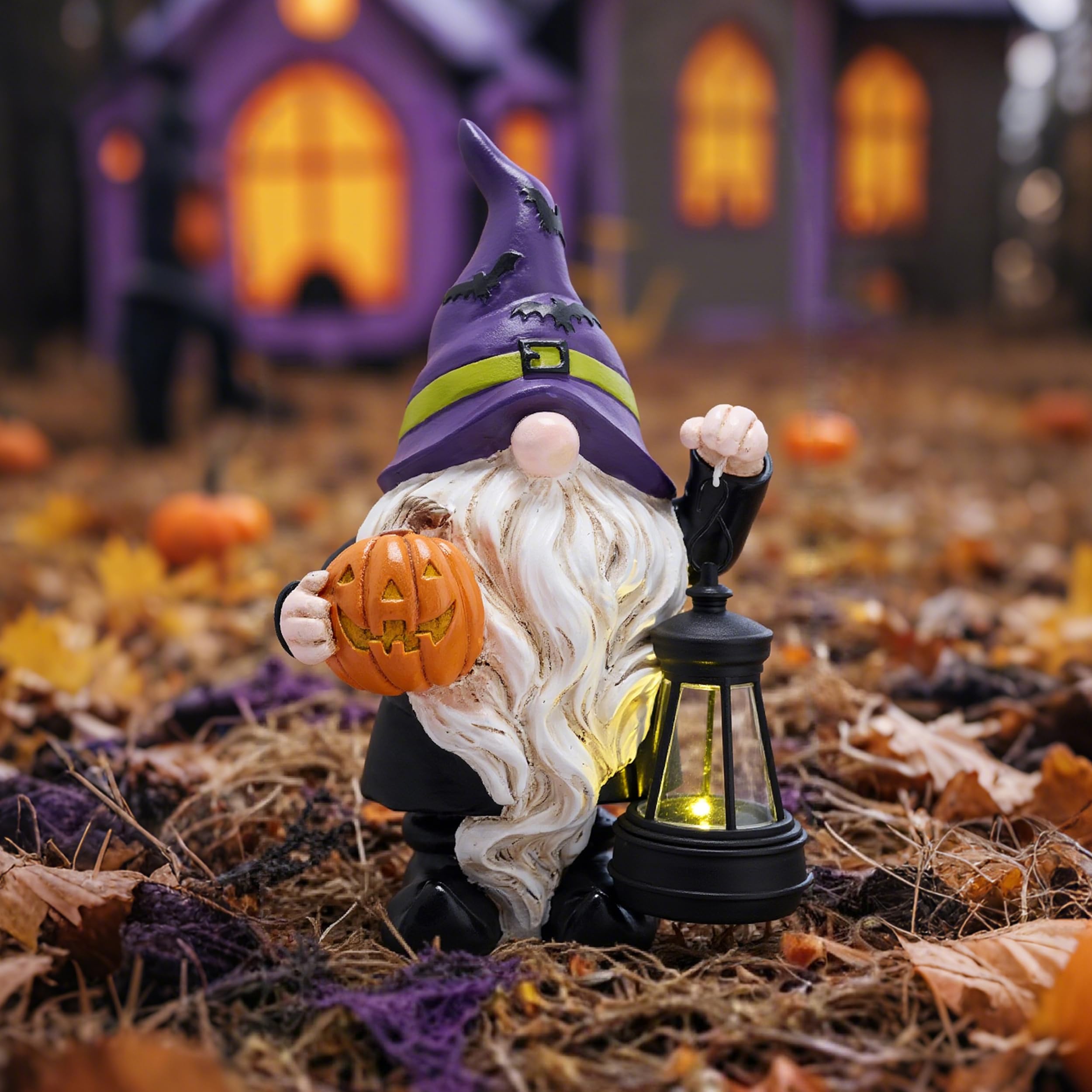 TeresaS Collections Halloween Decorations Garden Gnomes Statues With Solar Lights Cute Purple Bat Hat Resin Decor With Lantern For Home Table Outdoor Yard Pumpkin Jack-O-Lanterns Gifts For Party 8