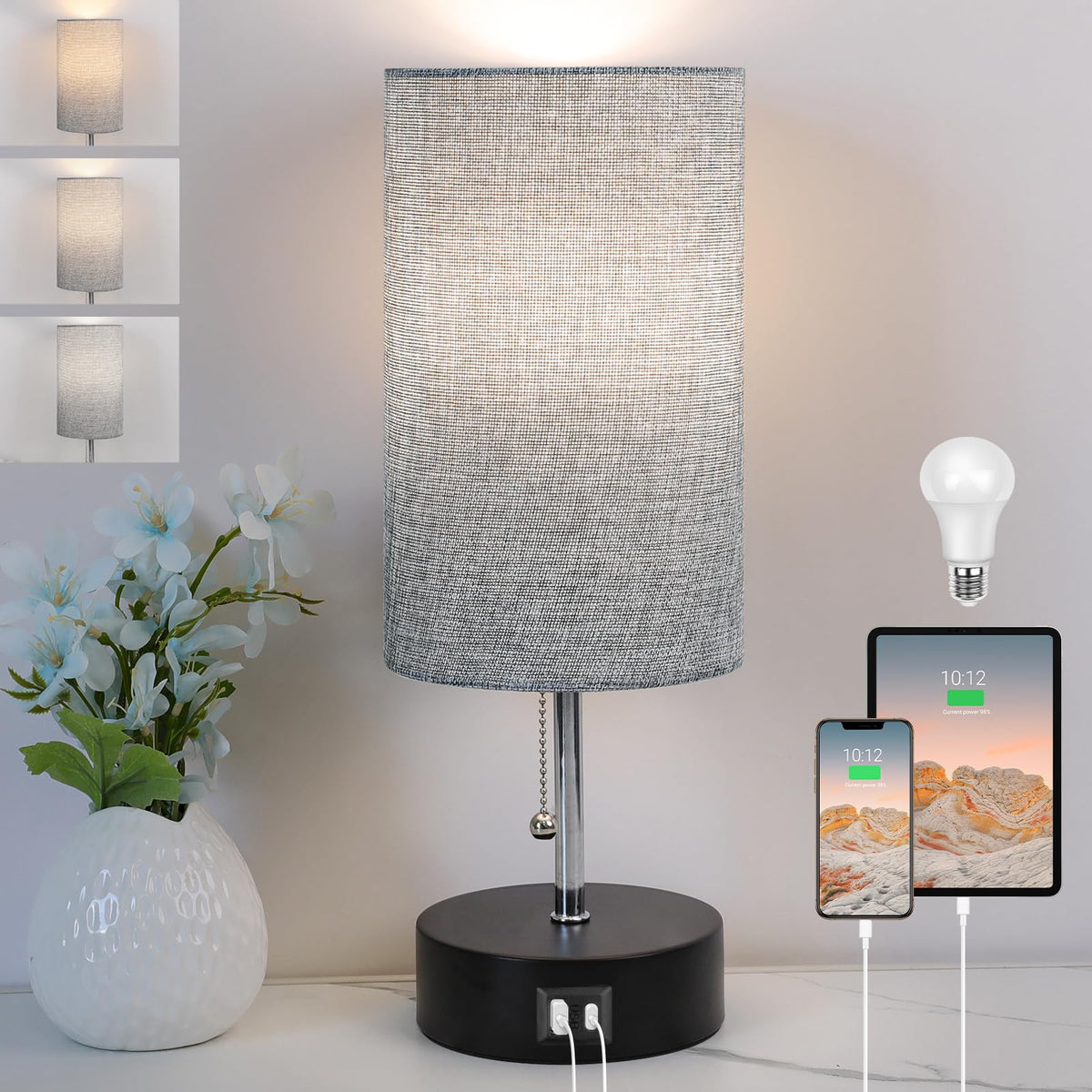 3-Color Temperature Bedside Lamp Nightstand Lamp With Usb A Port And C Port, Table Lamp For Bedroom With Led Bulb Small Lamps Fo