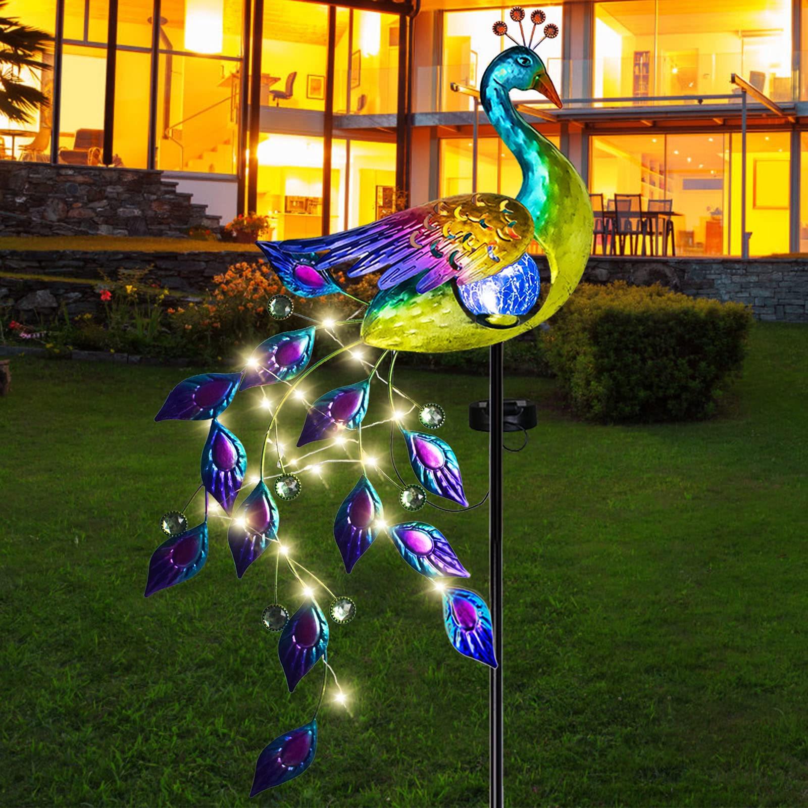 Dreamsoul Solar Garden Lights Outdoor, Metal Peacock Decor Solar Lights Garden Stakes With Led String Lights, Waterproof Crackle