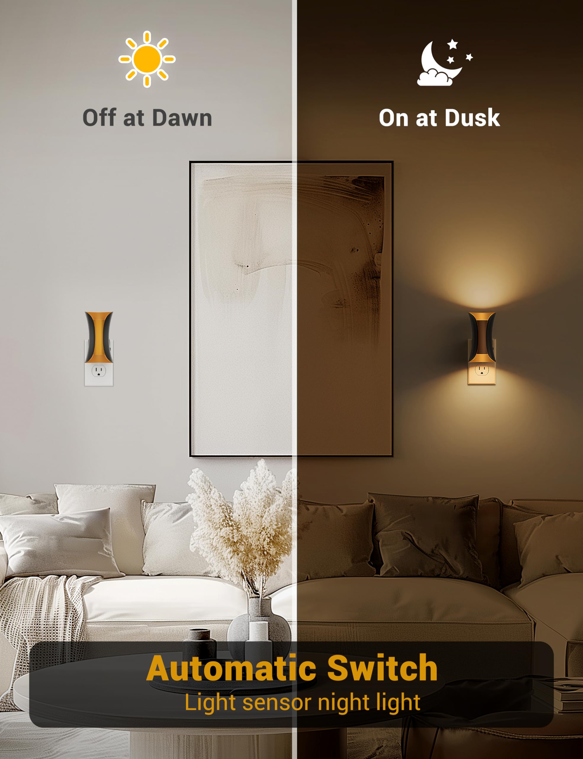 Fulighture Dimmable Night Lights, 2-Pack with Dusk to Dawn Sensor, Soft White 3000K, Black, Model USF-GY20102US-2