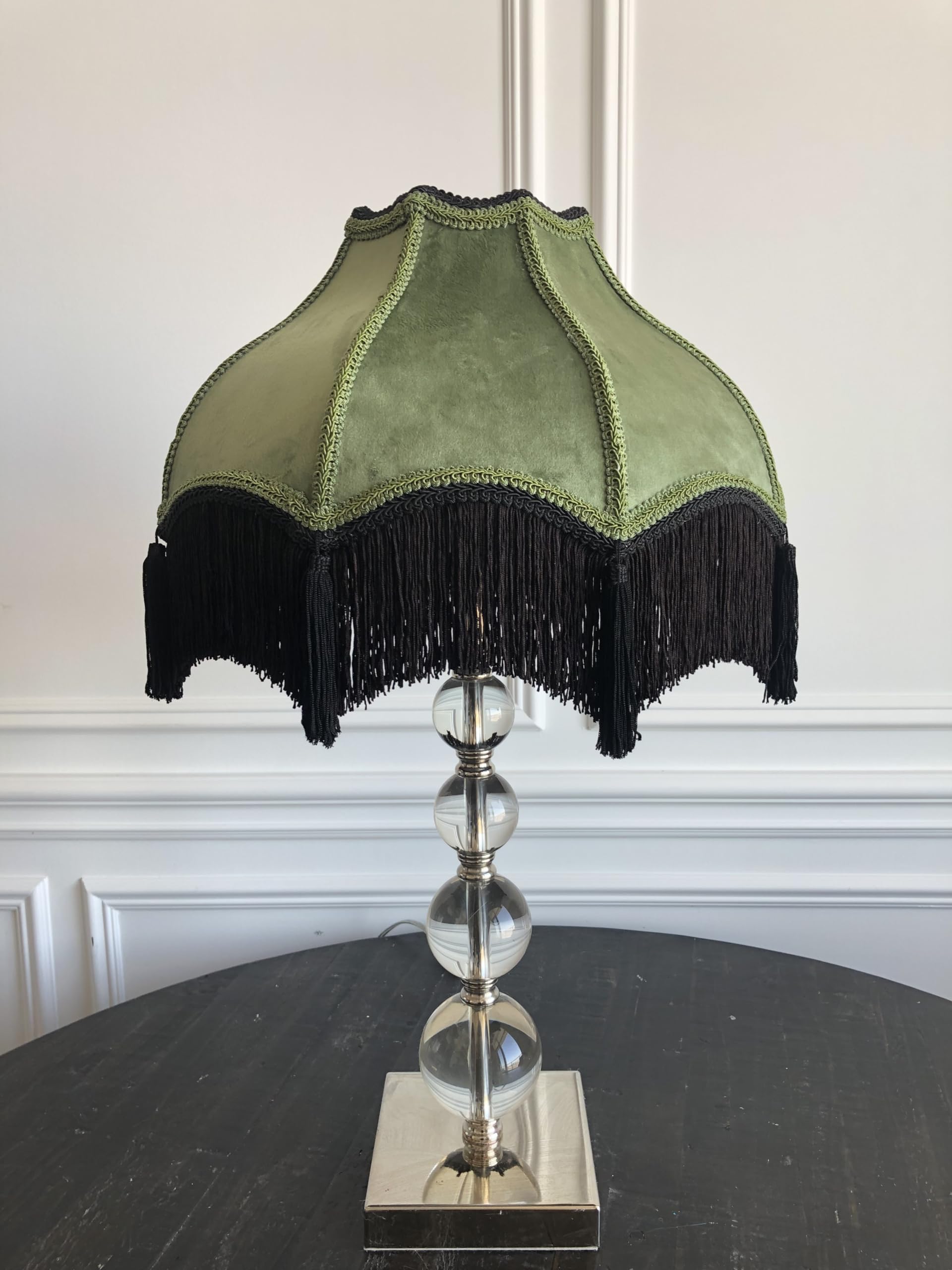 Generic Victorian Style Velvet Lamp Shade with Tassels, Olive Green, Large Bell Shape