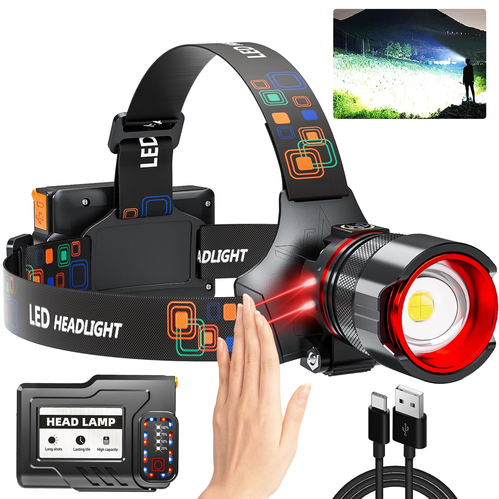 Yuseub Rechargeable Headlamp High Lumens, Super Bright Led Head Lamp With Motion Sensor, 12 Modes, Ipx7 Waterproof, 125 Adjustab