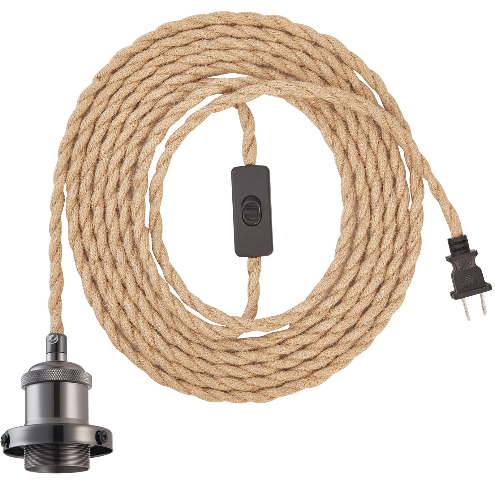 Gnolak 15.4Ft Pendant Light Cord Kit, Industrial Vintage Plug In E26 Socket Hanging Light With Switch, Hemp Rope Hanging Light Fixture For Pendant Lamp Farmhouse Lamp Cable Diy