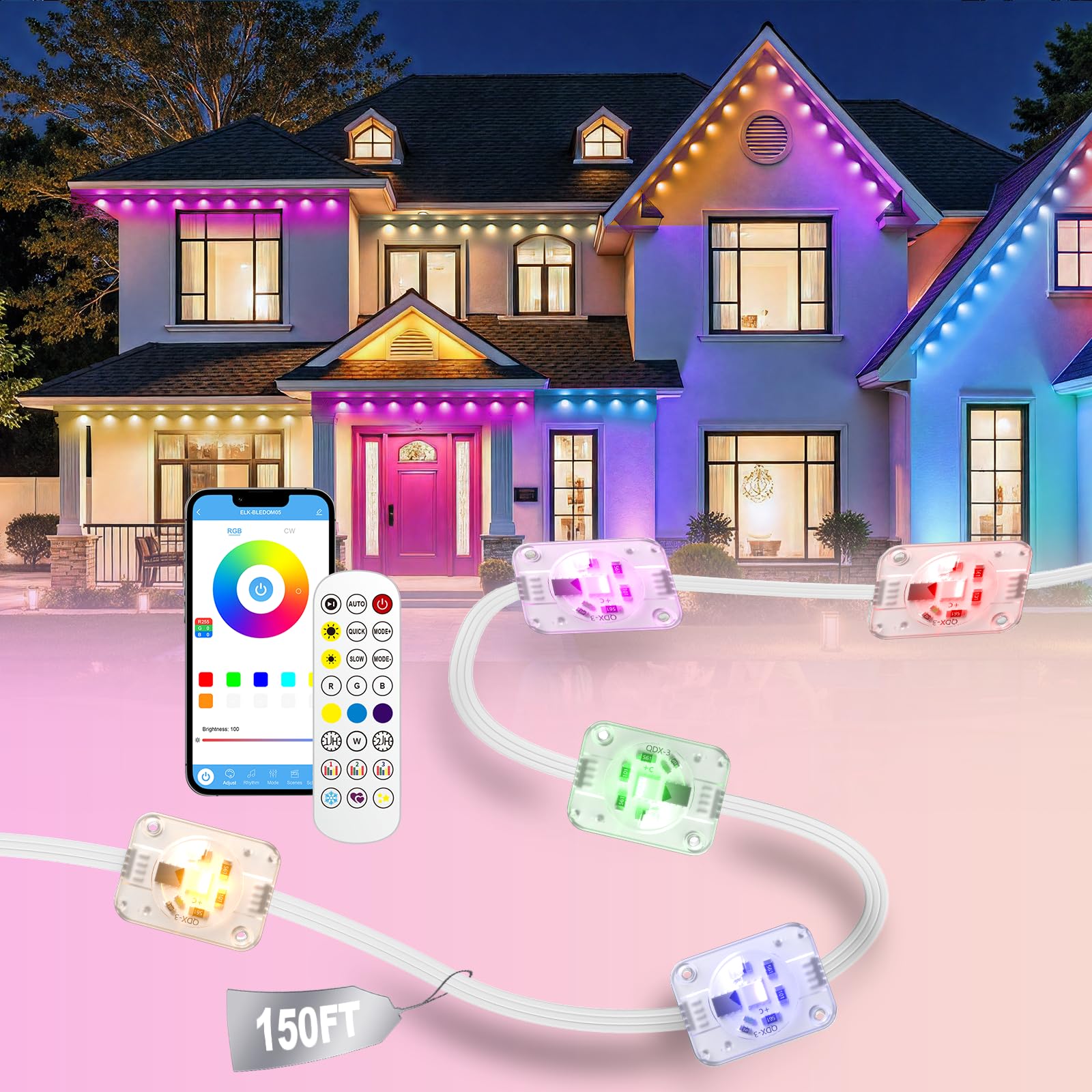 Yolsunes Permanent Outdoor Lights  150Ft Rgb+Ic Smart Led Eaves Lights  Ip67 Waterproof Outdoor Lighting With App/Remote Control For Christmas  Halloween  Holiday  Daily  Party  Ideal For House Roof