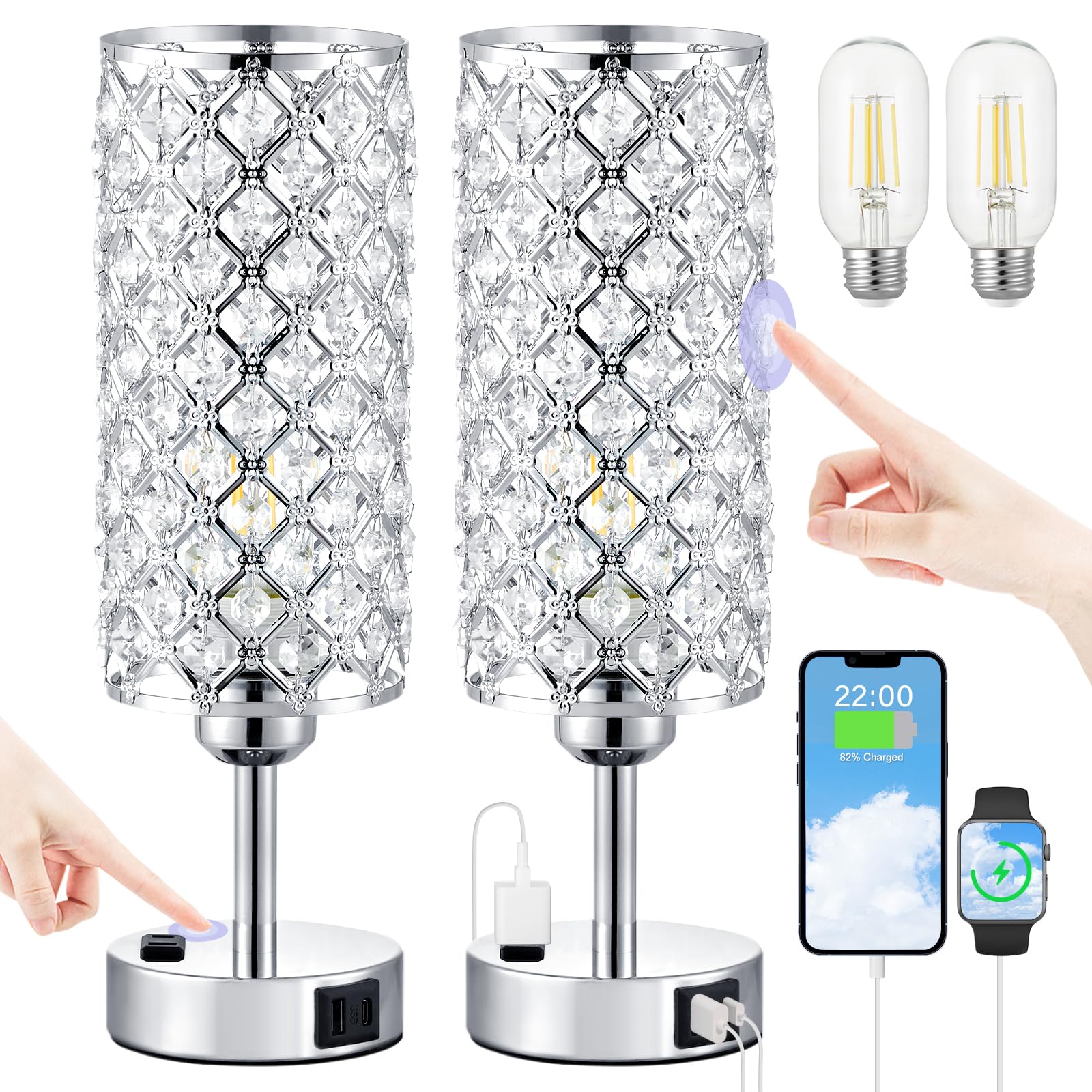 Hong-in Crystal Lamp Set of 2, Touch Control, 3-Way Dimmable, USB Ports, AC Outlet, Silver, Glass, Model: c1fe2266-8a99