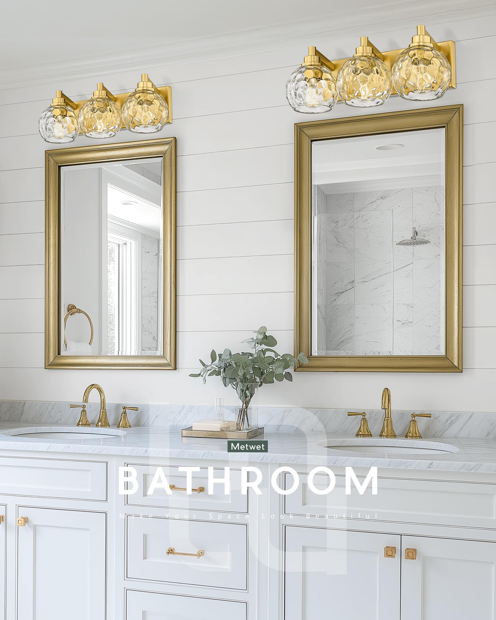 METWET 3-Light Bathroom Vanity Light Fixture, Brushed Gold with Clear Hammered Glass Shade, Model VL200-BG-3