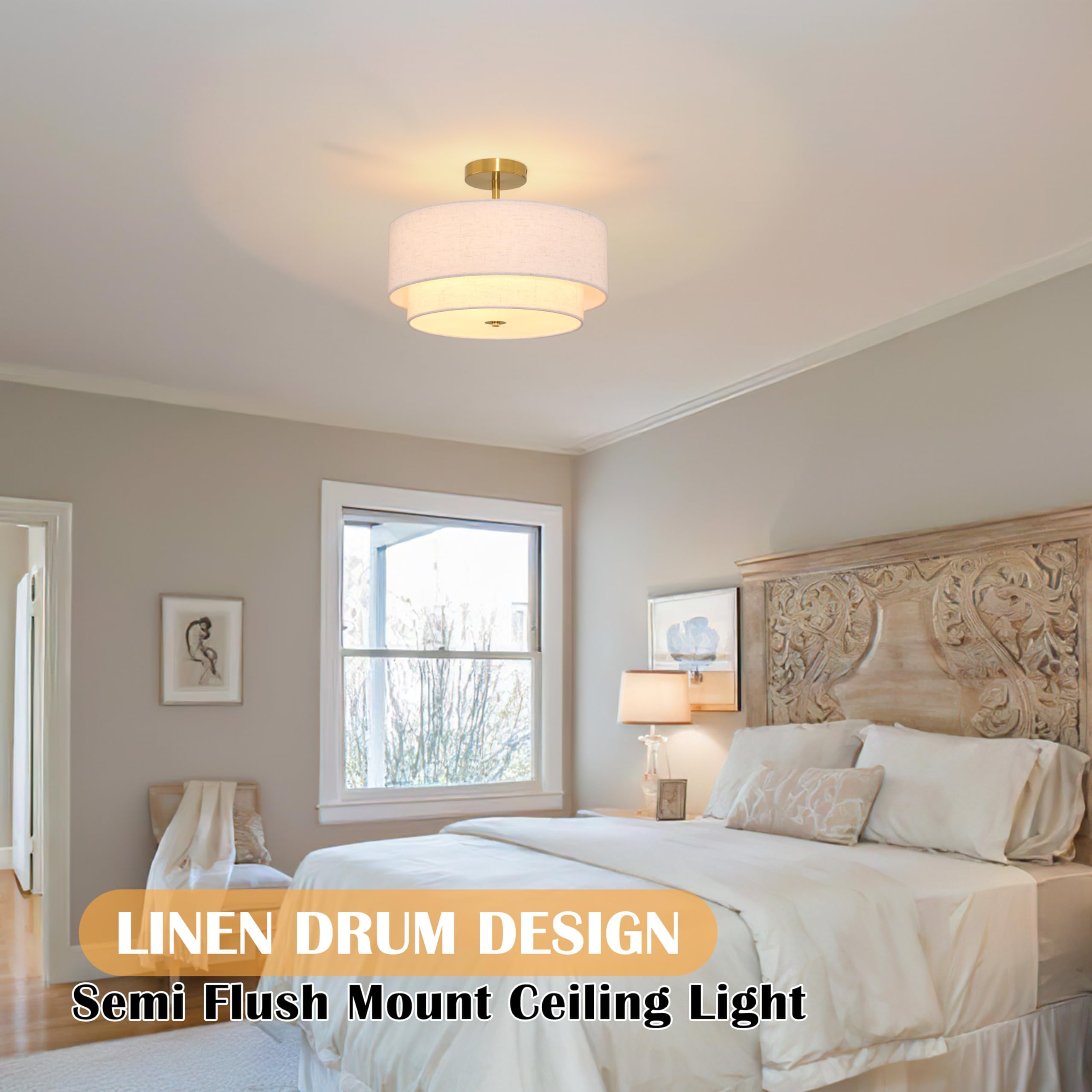 3 Light Semi Flush Mount Ceiling Light Fixture 15.7 Inch Modern Gold Drum Ceiling Light Fixture With 2-Layer Fabric Shade Dimmab