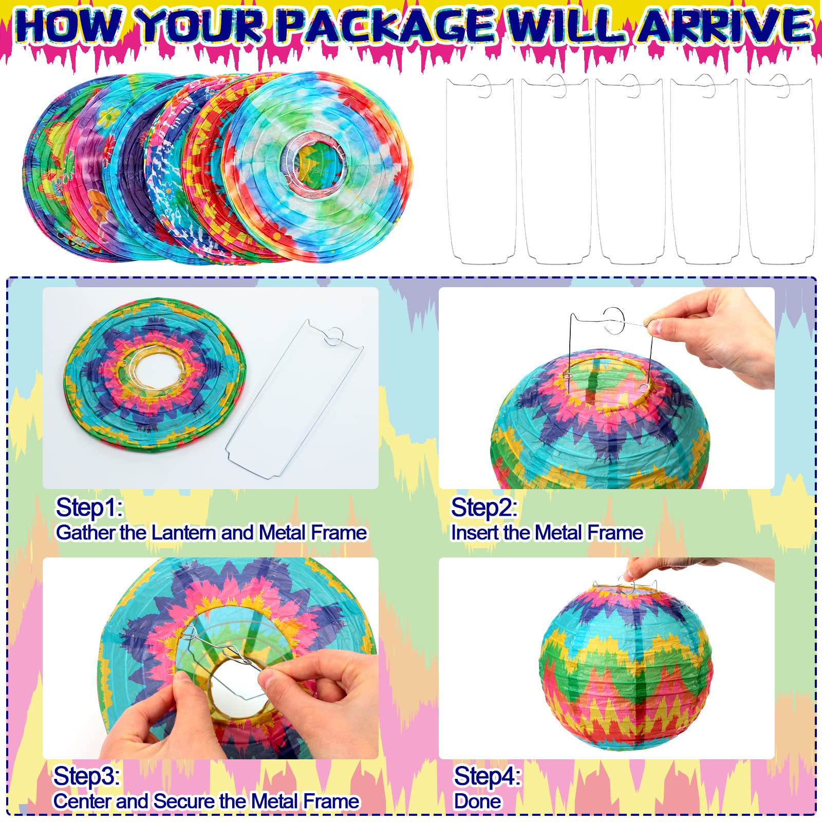 Frienda 6 Pcs Hippie Paper Lanterns, Tie Dyed, Retro Flower & Peace Sign, Decorative for 1960s Party, Metal, Hippie Style
