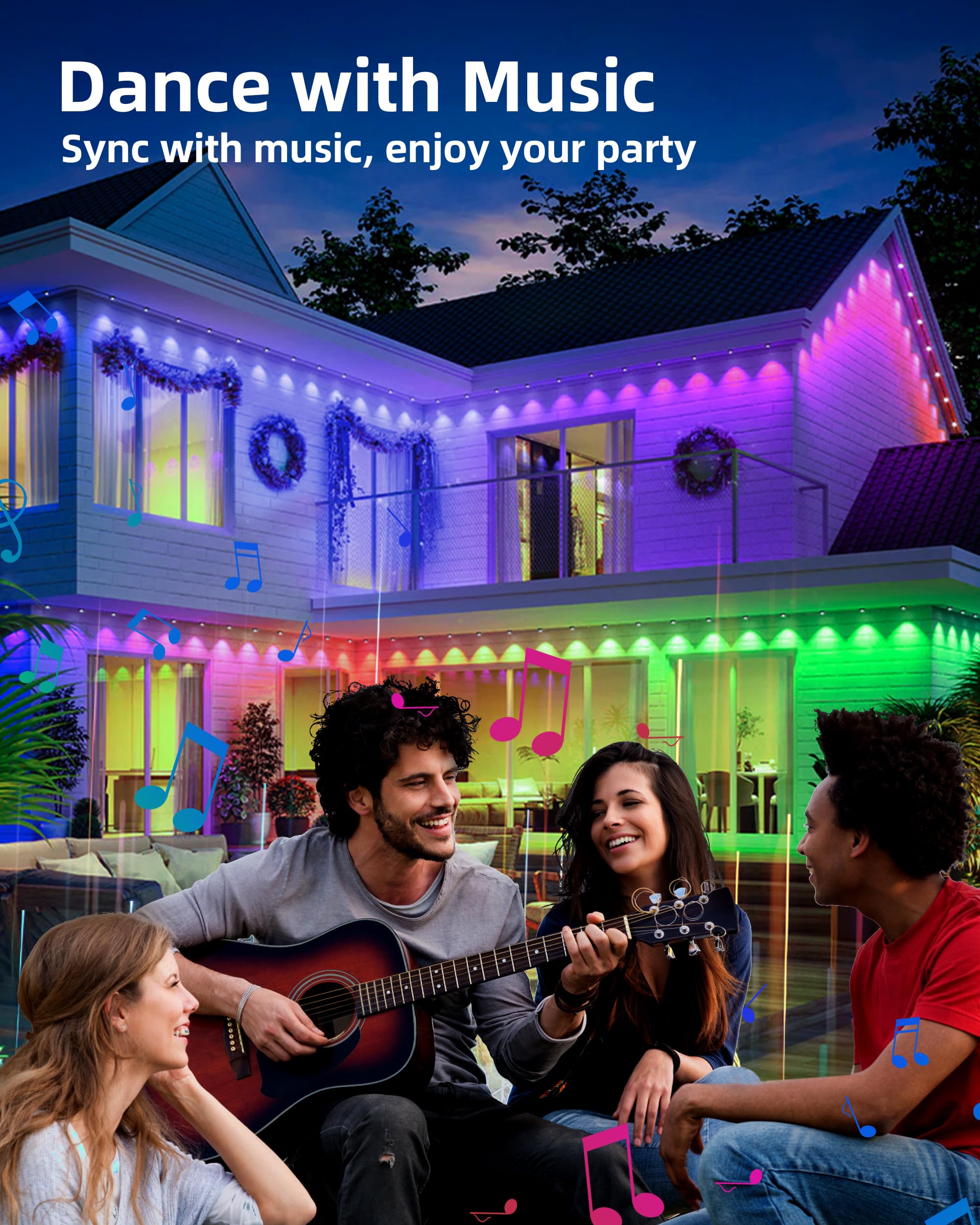 DELITOR Permanent Outdoor Lights 63.6ft, 36 RGBIC LED, Waterproof Christmas Decor for Roofline, Garden, Party, Holiday, Multicolor