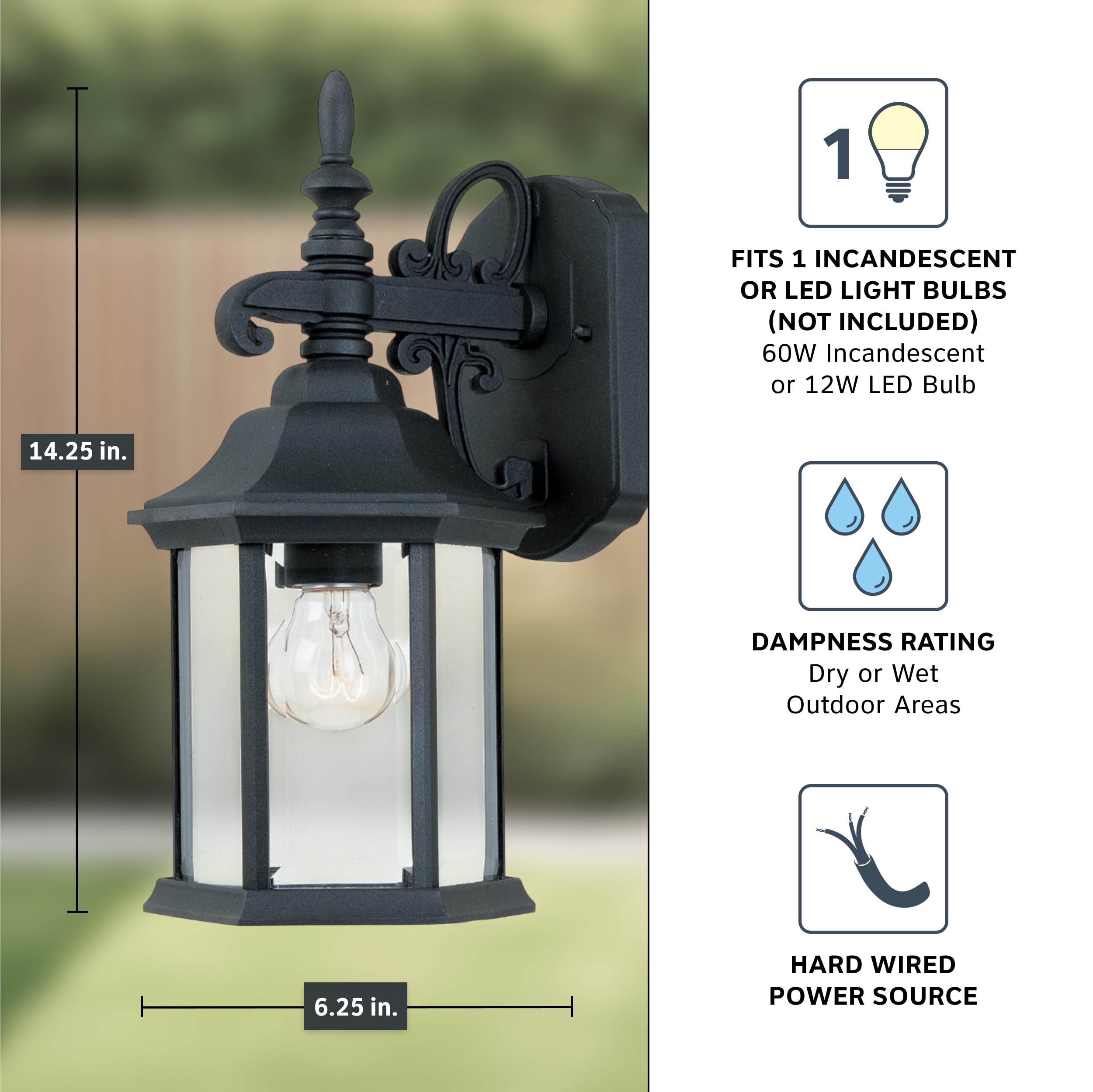 DESIGNERS FOUNTAIN Devonshire Outdoor Light Fixture, 14 Inch Wall Mount Lantern Sconce, Black, Model 2961-BK, Aluminum Material