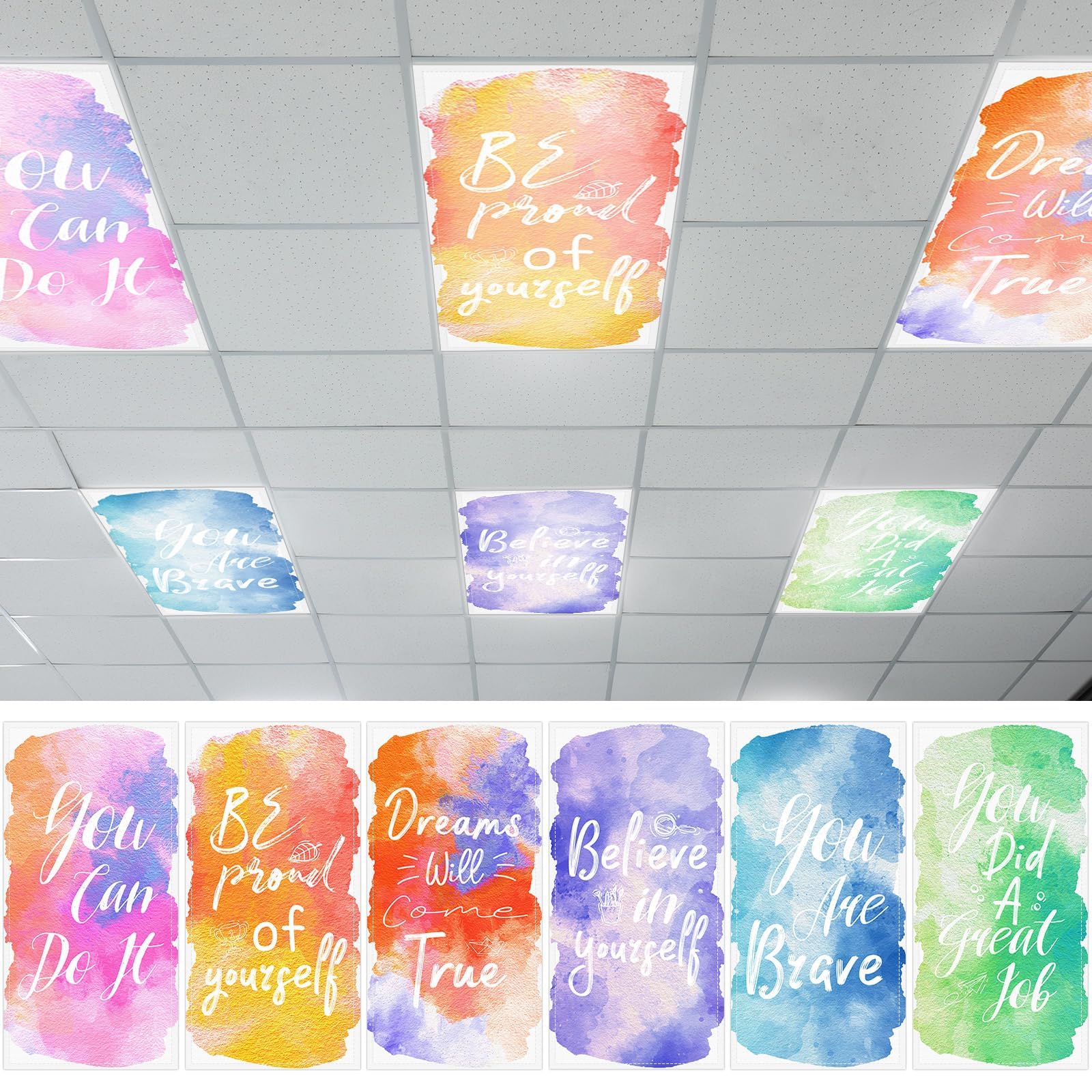 QOUBAI 6PCS Fluorescent Light Covers  4x2 Feet Magnetic Light Cover Fluorescent Lights Shade Panel Positive Inspirational Ceiling Lights Filters for Office Classroom Home Drop Ceiling Watercolor