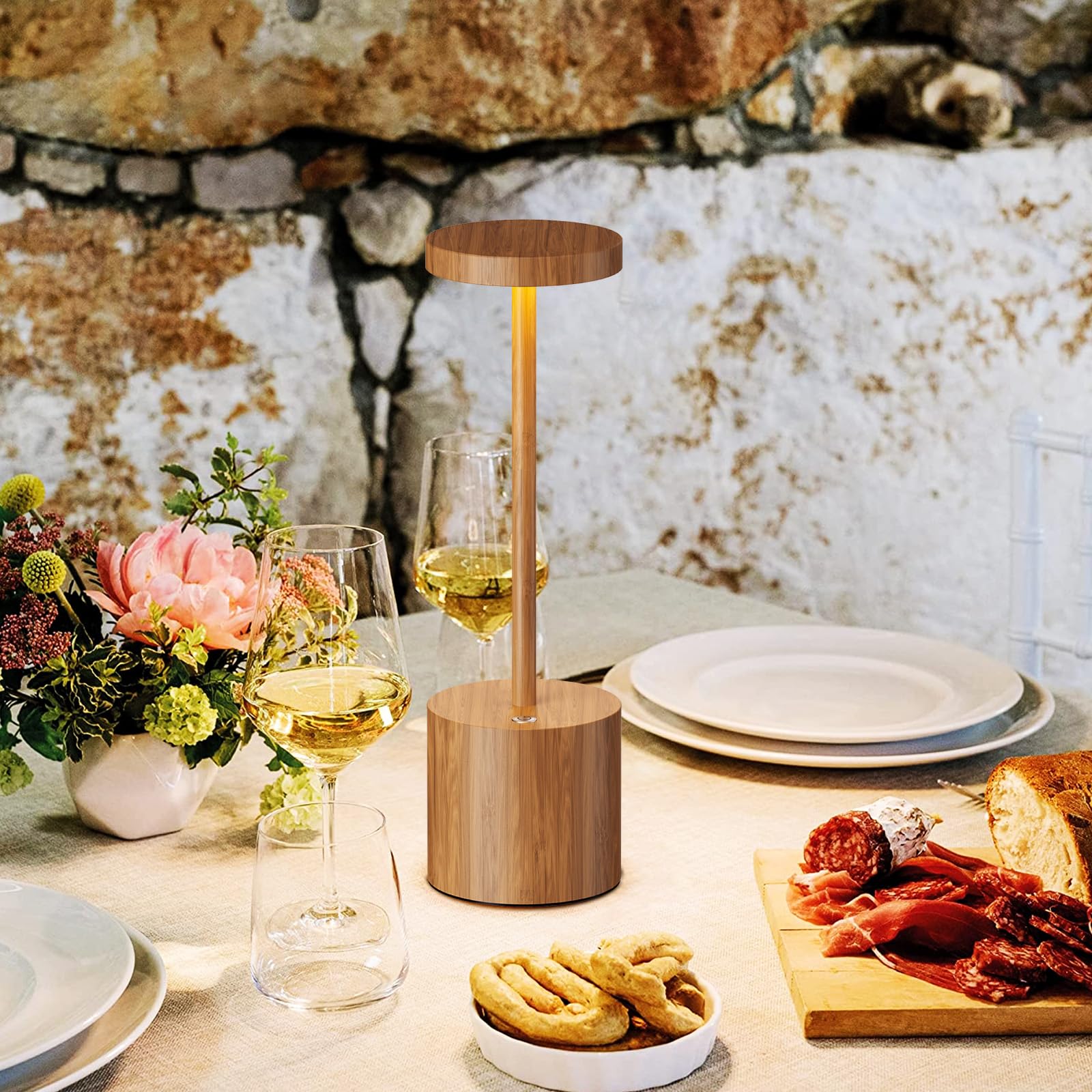 SAKRINGT Cordless Table Lamp - Rechargeable LED Light, 5000mAh Battery, Bamboo, Model S801-B, Dimming for Patio/Restaurant/Outdoor Use