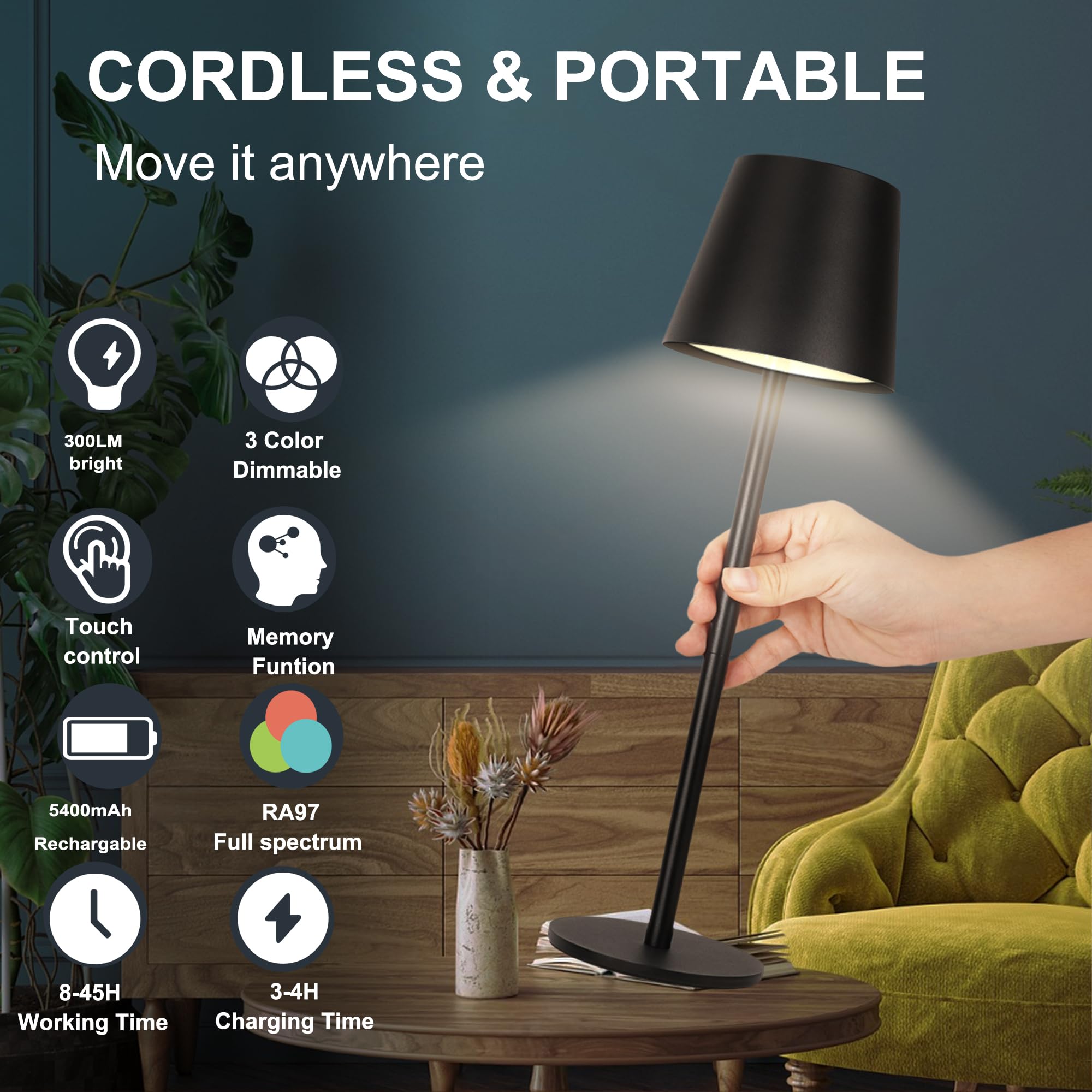 Seyxicnor 2-Pack Cordless Metal Table Lamp, 3 Adjustable Heights, 5400Mah Rechargeable Battery, 3 Colors Touch Dimming, Waterpro