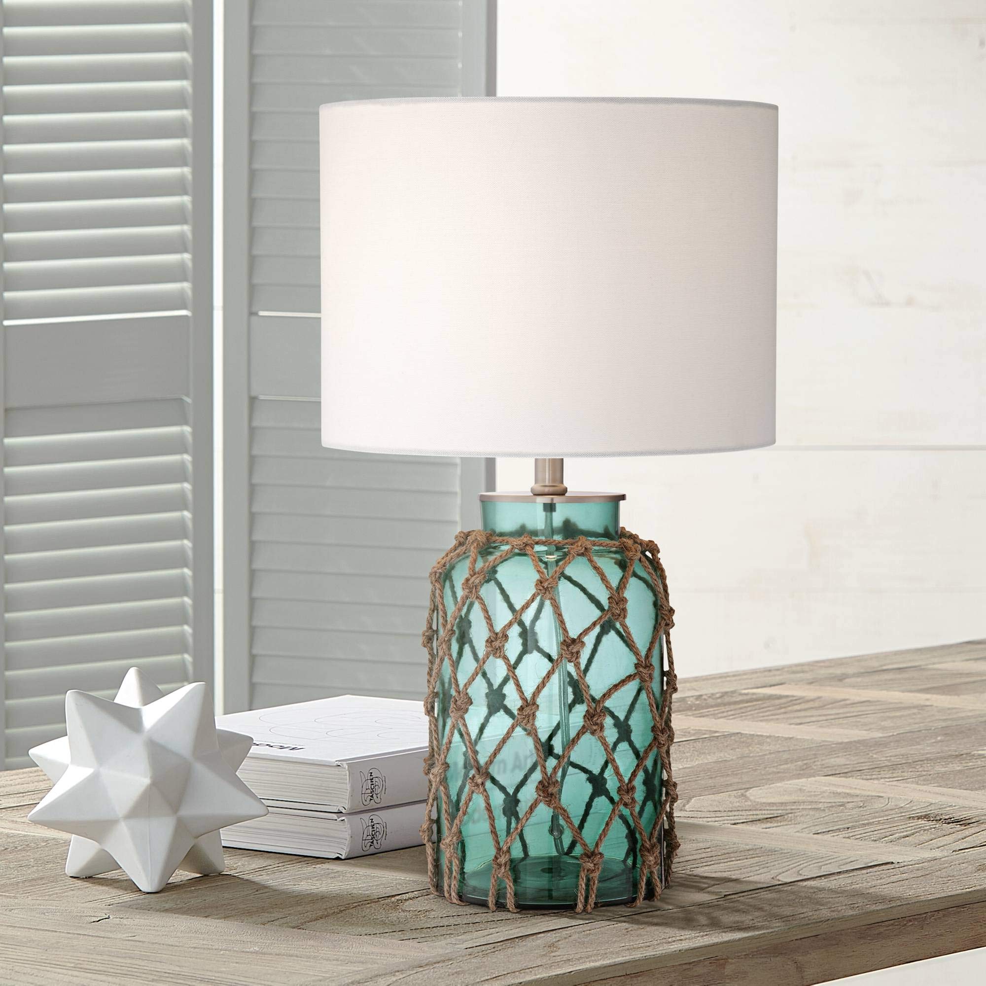 360 Lighting Crosby Country Cottage Natural Accent Table Lamp 22.5 High Coastal Blue Green Glass Rope Net Off White Drum Shade F