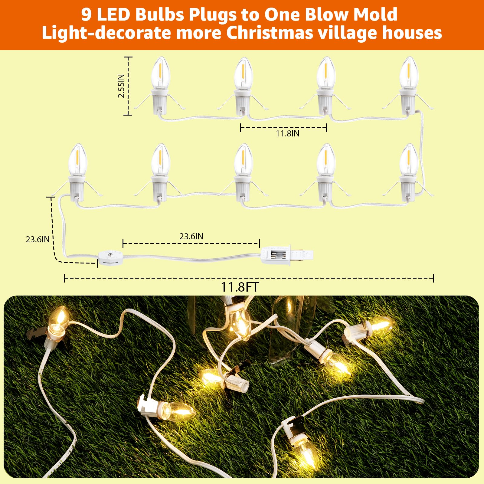 kzfuli Christmas Village Lights C7 LED String 9 Bulbs 11.8ft Warm White - Holiday Lighting Decor