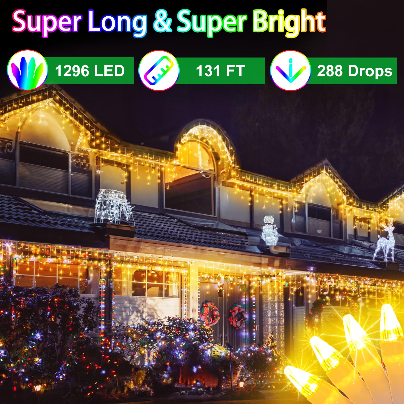 WUXYIYANG 1296 LED Christmas Lights, 288 Drops, 131FT Outdoor Waterproof String Lights, 8 Modes, Warm White