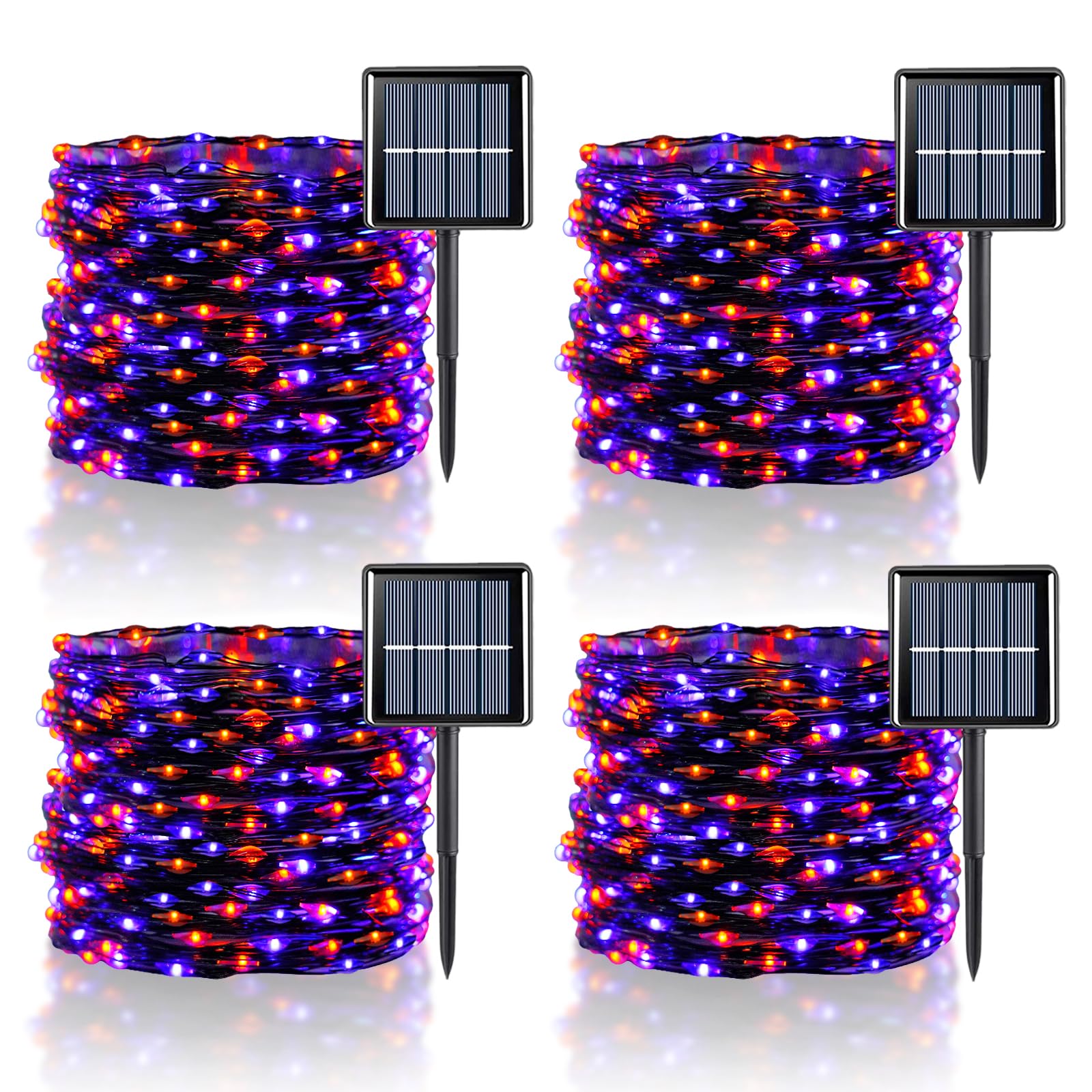 Qitong 4 Pack Orange And Purple Solar Fairy Lights, Each 33Ft 100 Led Halloween Lights Outdoor Waterproof, 8 Modes Copper Wire S