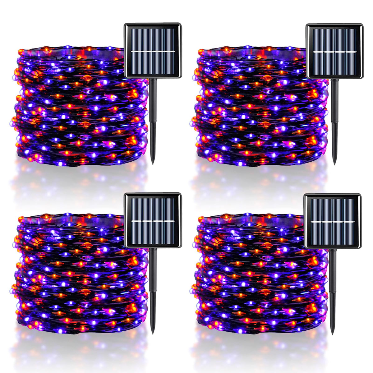 Qitong 4 Pack Orange And Purple Solar Fairy Lights, Each 33Ft 100 Led Halloween Lights Outdoor Waterproof, 8 Modes Copper Wire S