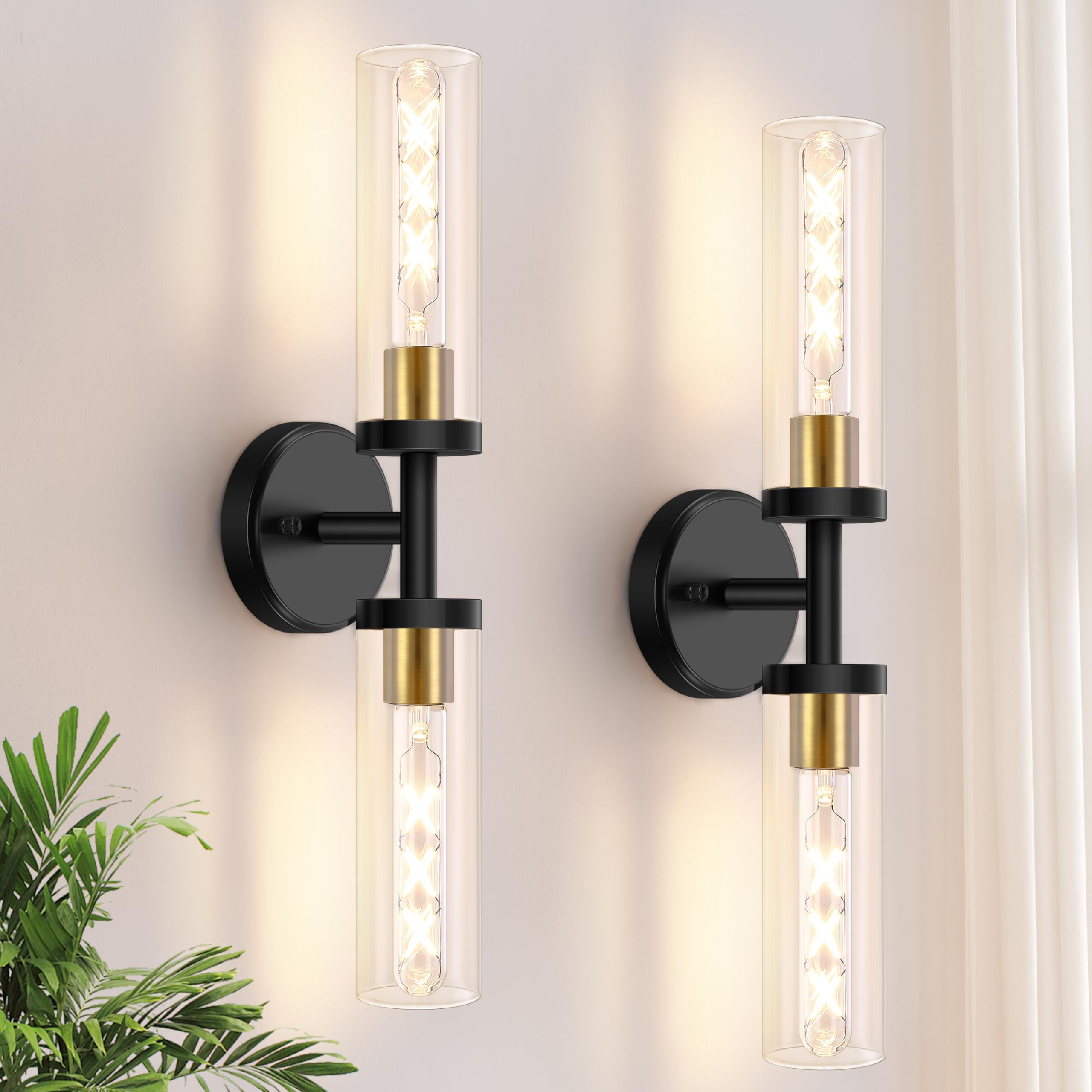 Baocuz 2-Light Bathroom Vanity Lighting, Black & Gold, Clear Glass, Indoor Wall Sconces, Model STCGS-2P-BG, Set of 2