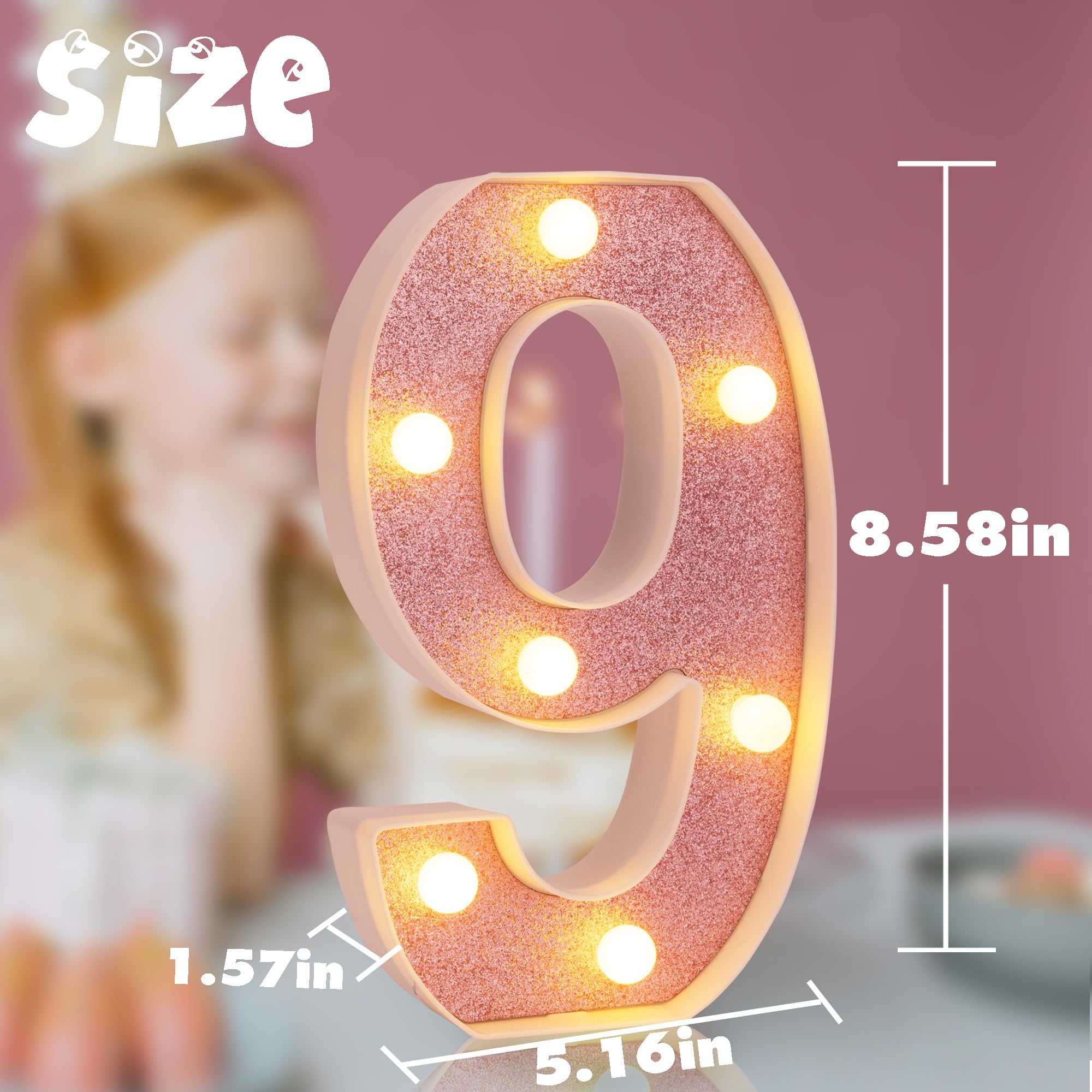 DyingSwan LED Marquee Number 9, 8.58 Inch Pink Glitter Light Up Decor, Battery Powered Plastic Night Light