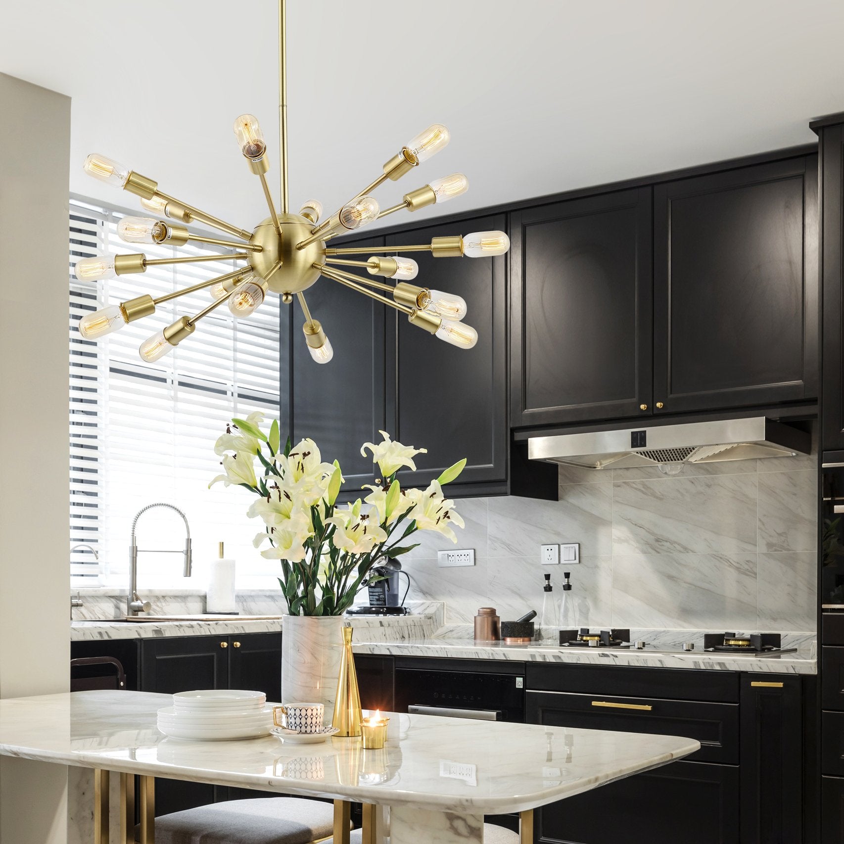 Light Society 18-Light Chandelier Pendant, Brushed Bronze, Iron, Mid Century Modern, Model LS-C115-BRS