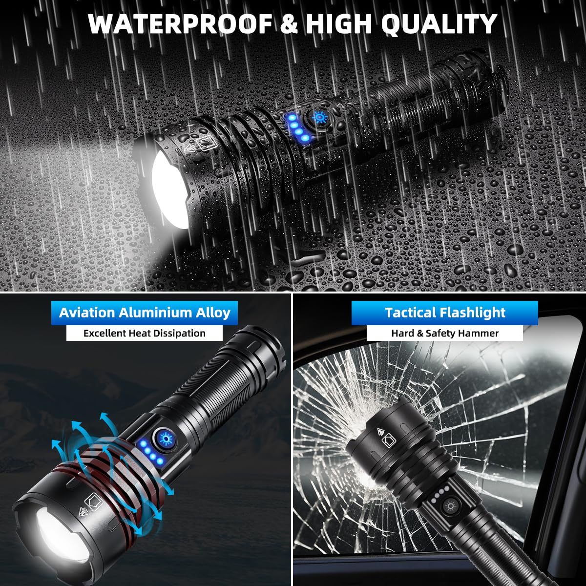 WopkDupk Tactical Flashlight - 5 Mode High Lumens, Rechargeable, Waterproof, Black, X70-Max for Camping and Emergencies