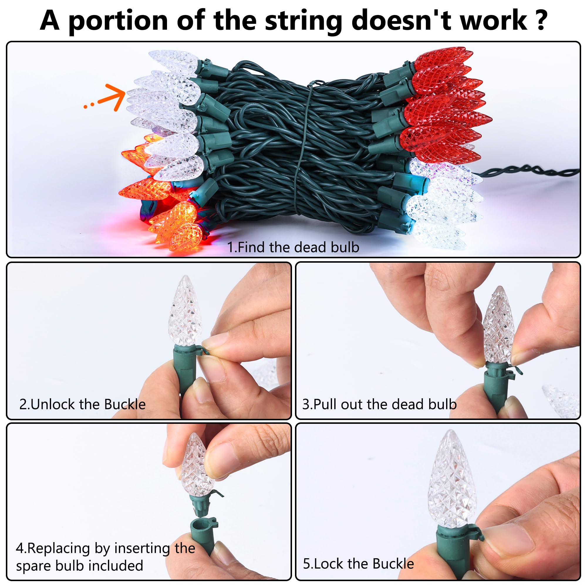 Brizled Christmas Lights, 33ft 100 LED, Red & Cool White, UL Certified, Connectable, Model TSD-100M-2/S-FT3