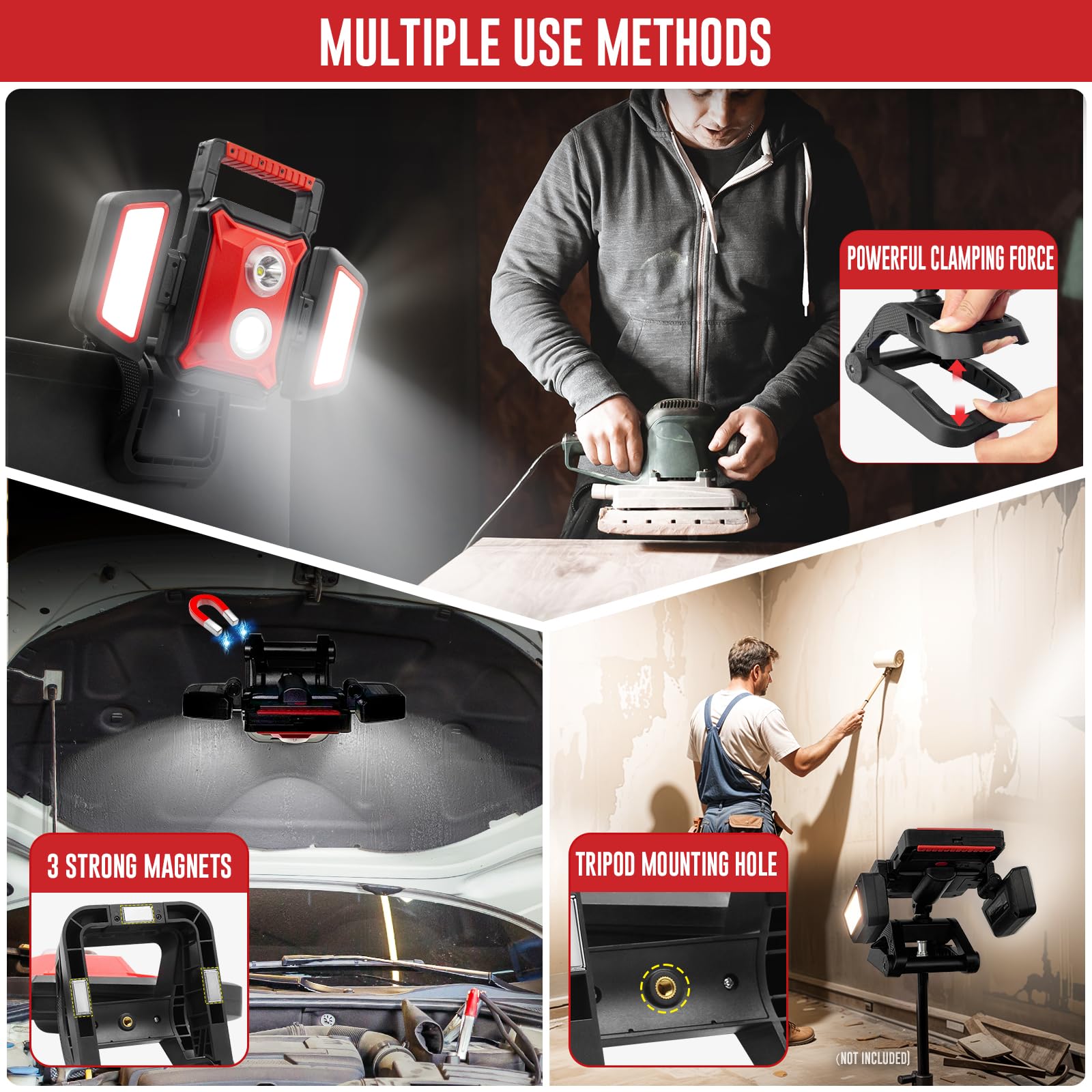 Sylstar 40W Rechargeable Work Light, 4000Lm Magnetic Work Light With Foldable&360 Rotatable Floodlights, Big Clamp, 5 Light Mode