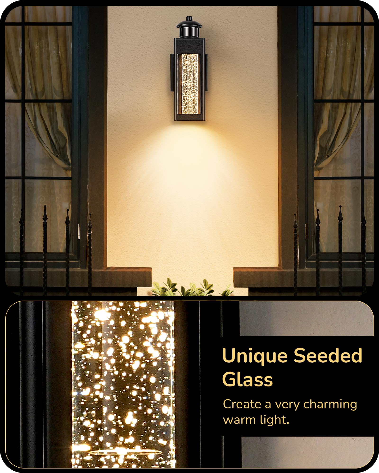 EDISHINE Motion Sensor Outdoor Wall Lights, Dusk to Dawn Exterior Lighting Fixture with Crystal Bubble Glass, LED Outdoor Porch