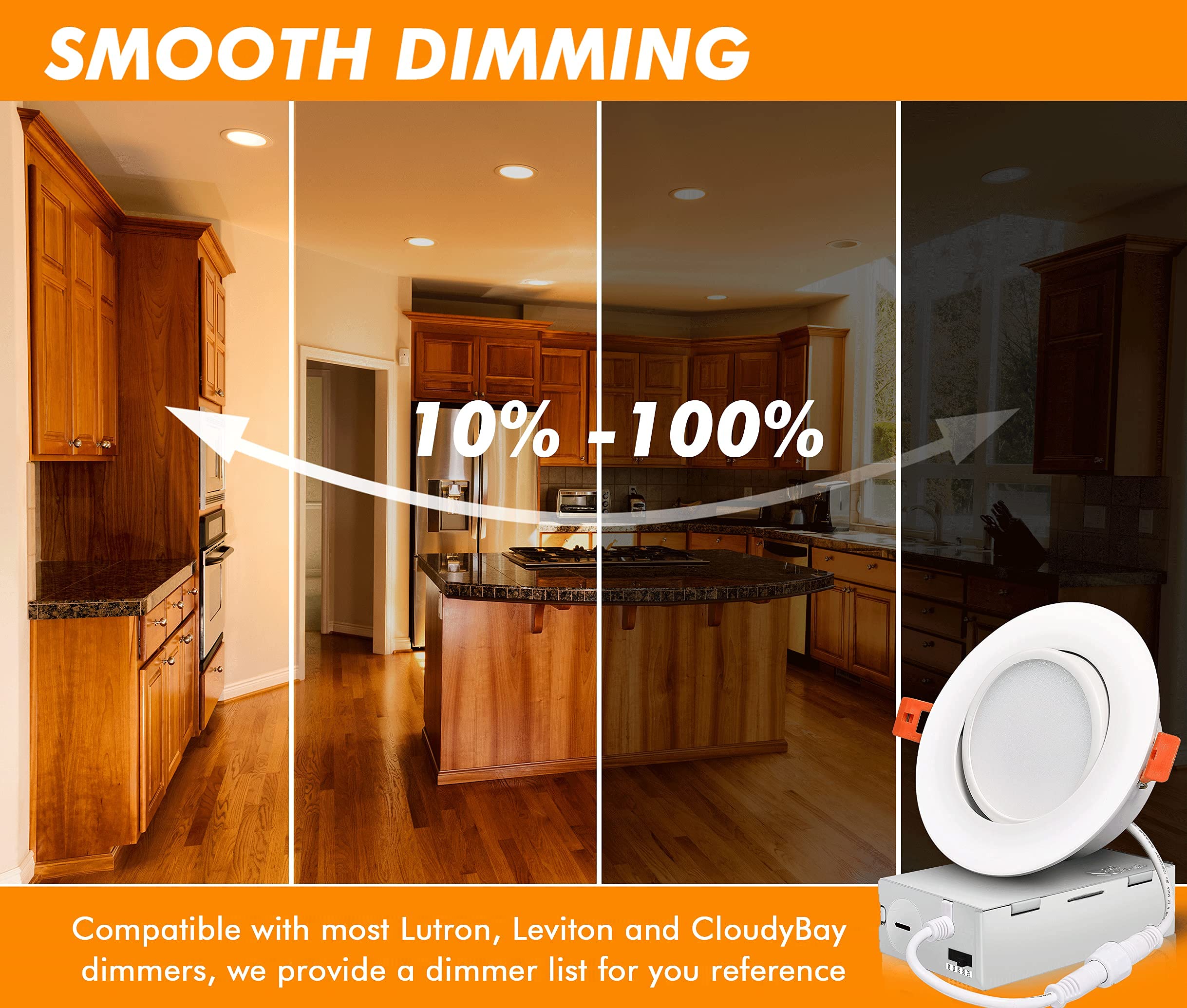 CLOUDY BAY 4 Inch 5 Color Swivel LED Gimbal Recessed Light, IC Rated, Aluminum, Pack of 4, 2700K-5000K Temperature Selectable