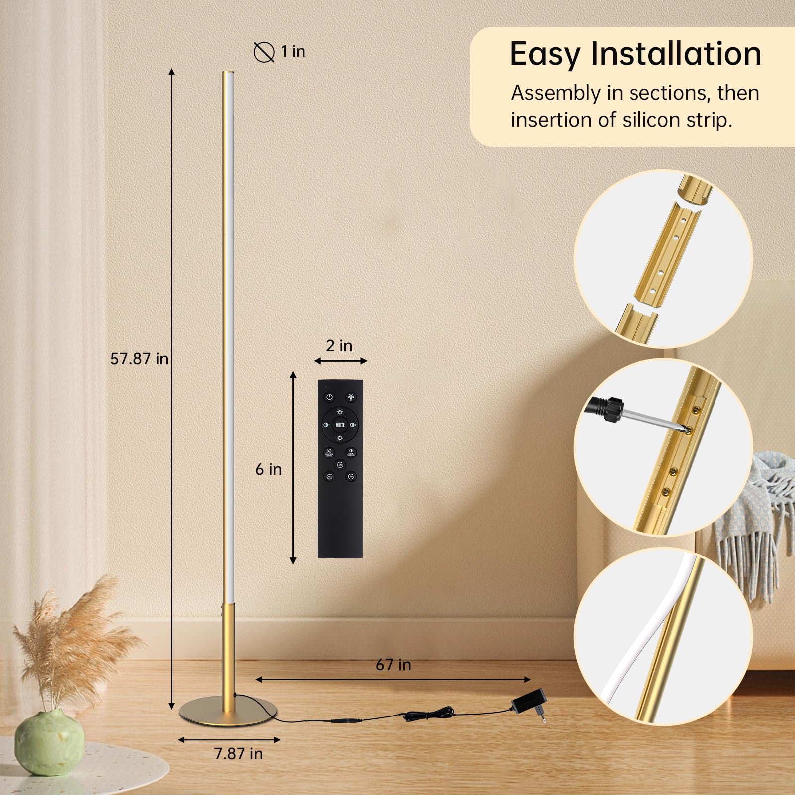 Marlrin Minimalist Corner Floor Lamp LED 2700K-6500K Dimmable Remote Control 57.8in Gold RTL112