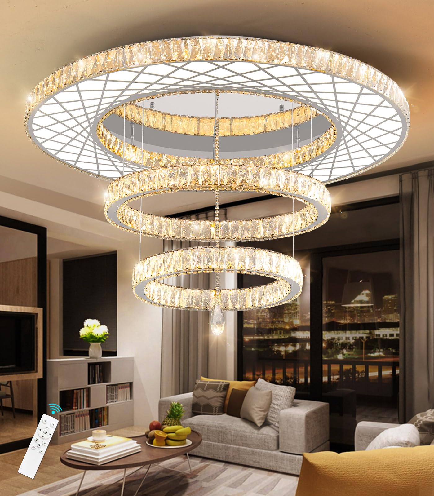 HAIXIANG Glam Chandelier Crystal Ceiling Light, 48 inch, Dimmable LED, Gold, Model MMQ3831, Stainless Steel Material