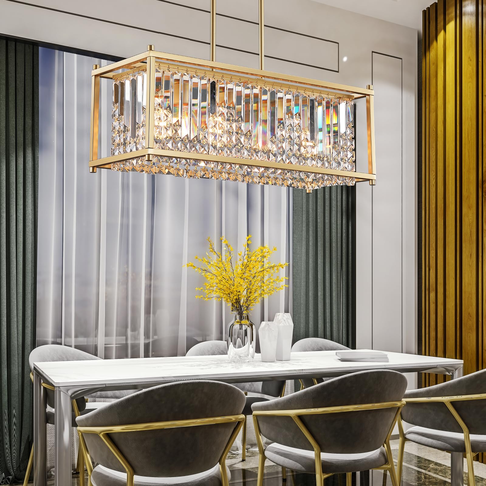 Q&S Gold Modern Chandelier, 4-Light Rectangle Crystal Fixture for Dining Room, Kitchen, Living Room, Office, Model P2016-4B-GD