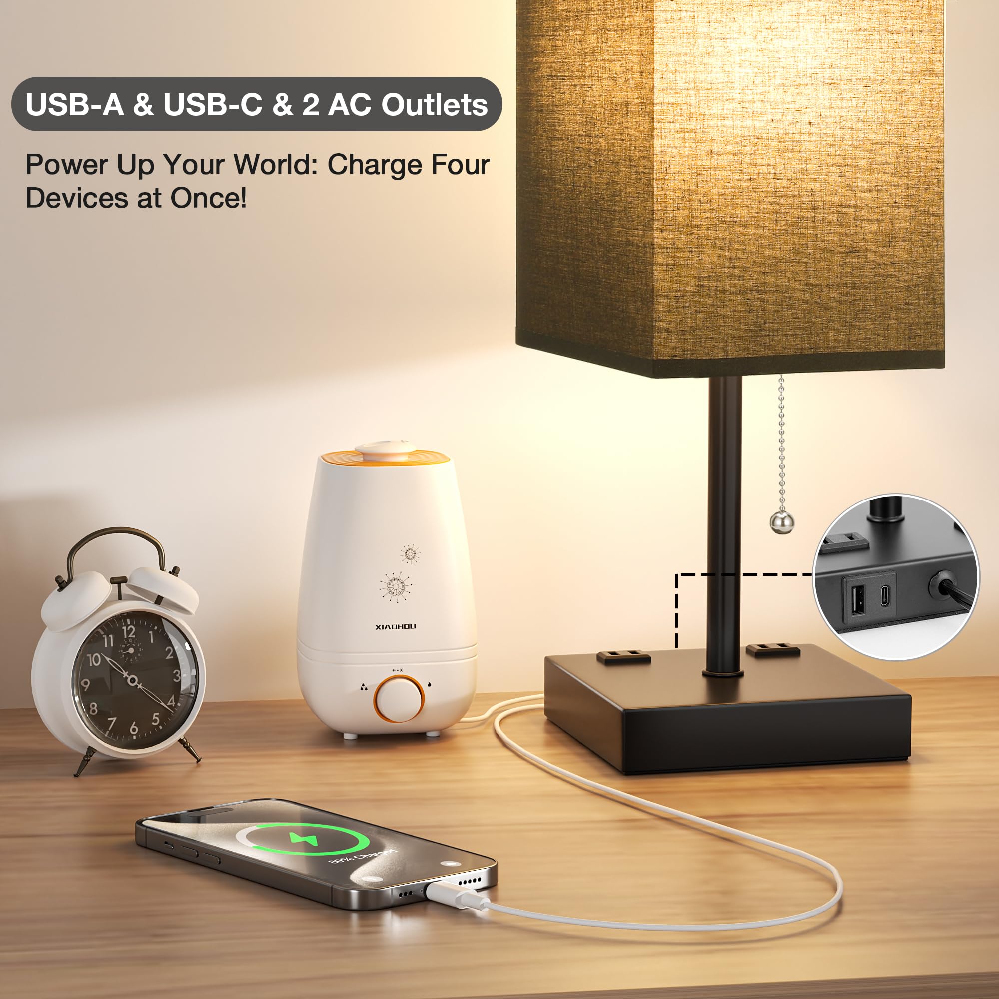 aooshine Black Table Lamp - 3 Color Temperatures, USB A/C Ports, AC Outlets, 17.4in Metal Bedside Light, Model 10-14-15