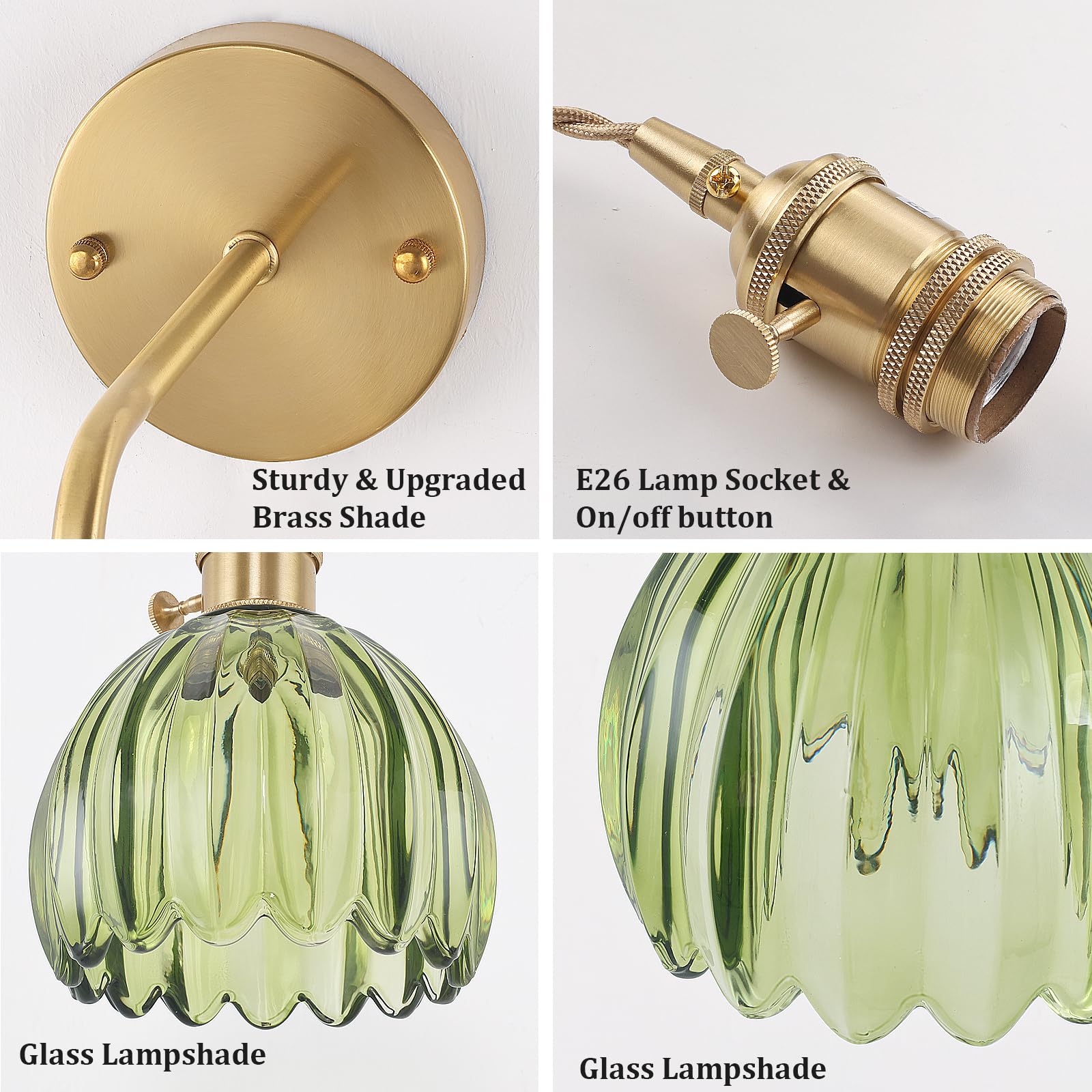 Shenmoyl Wall Sconce - Battery Operated Light, Brass, Adjustable Chain, Tulip-Green Shade, Model 1-938, Indoor Decor