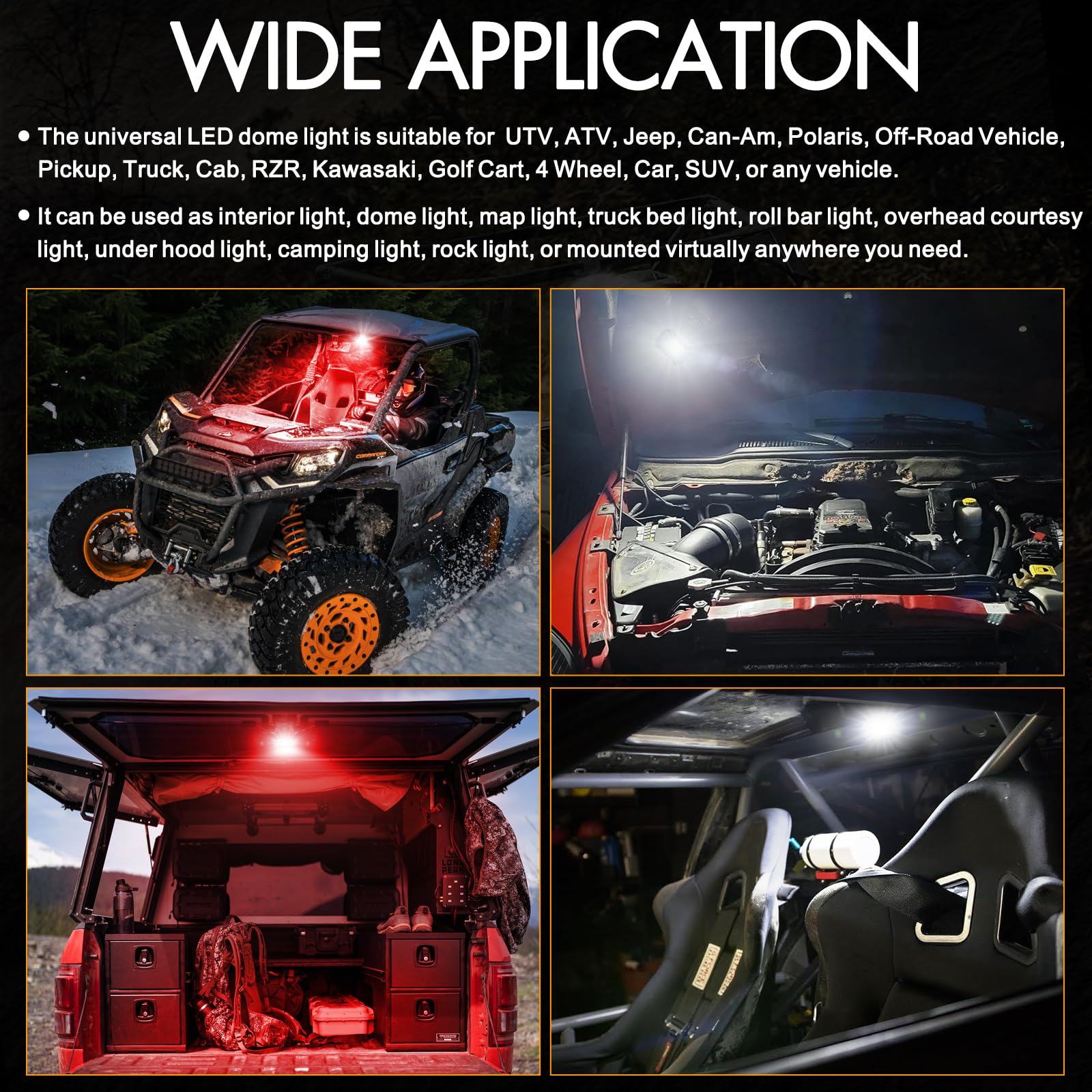 Utv Interior Dome Lights 12V Wired  Rfroad Lighting Led Dome Lights Universal Roll Bar Mount Led Light Utility Roll Cage Light For Utv Atv Rzr Can-Am Truck Golf Cart Sxs Cab - White/Red 2 Pack