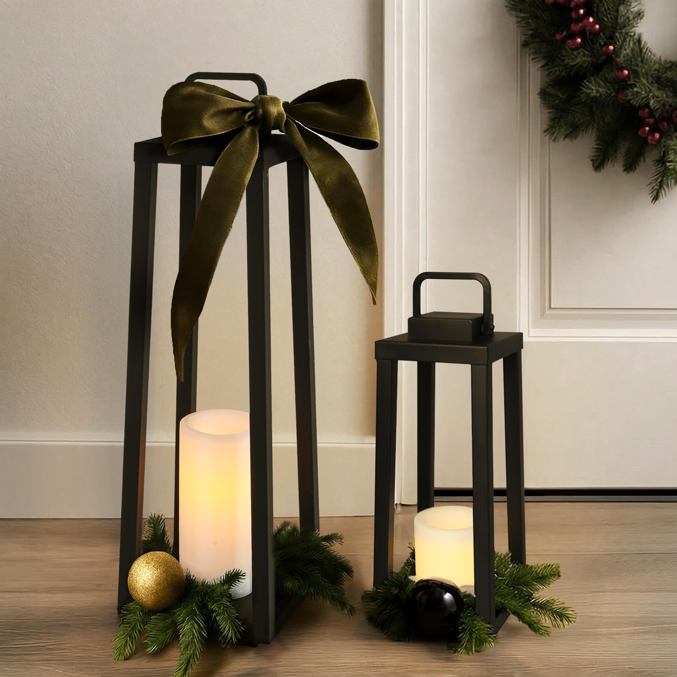 DANCYHOME Integrated LED Solar Lantern Outdoor Large H24 Inch Black Metal Decorative Solar Light with Flickering Candle Waterpro