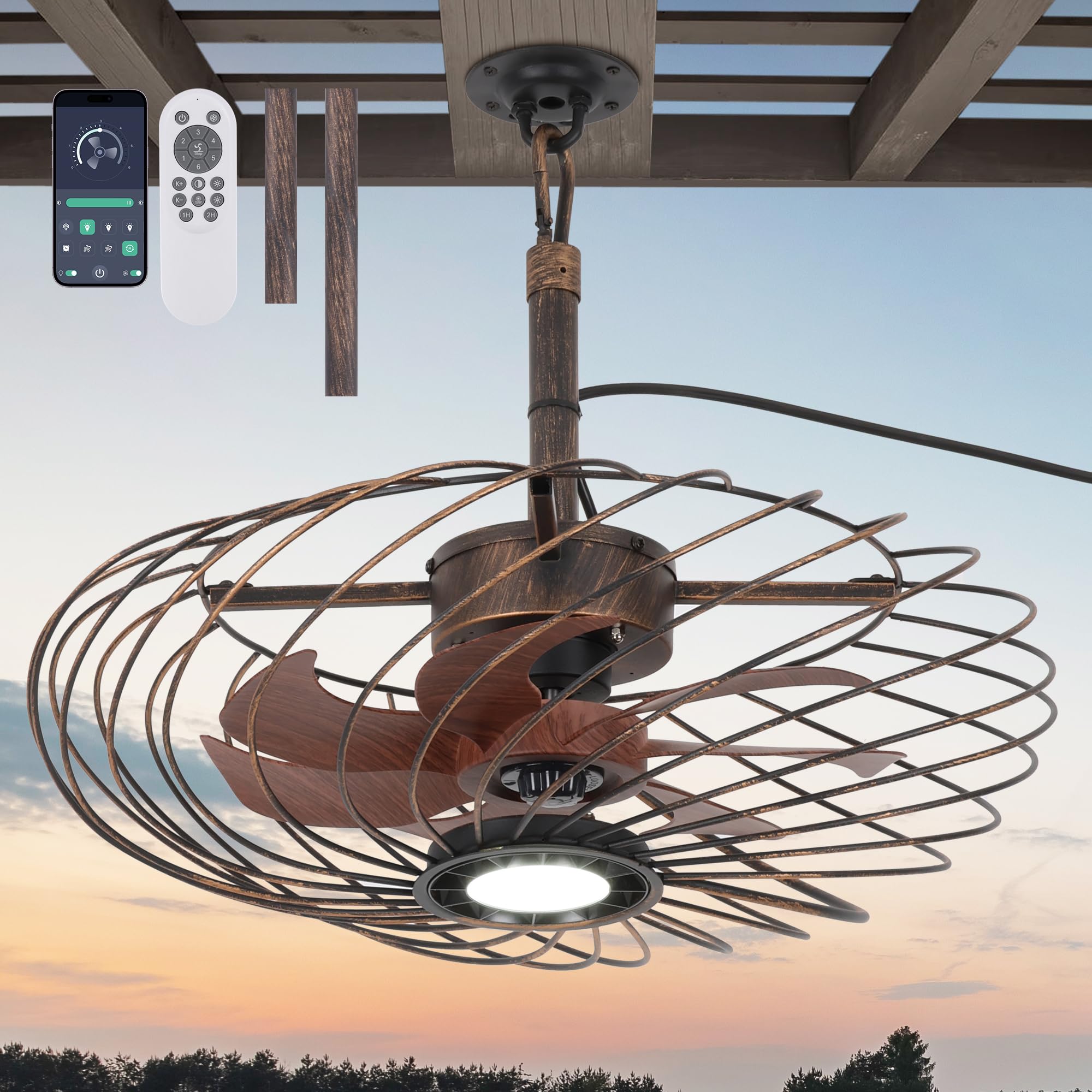 OSGNER 20in Outdoor Ceiling Fan with Light, Waterproof, Dimmable LED, Black Gold, Model F429-20-SG