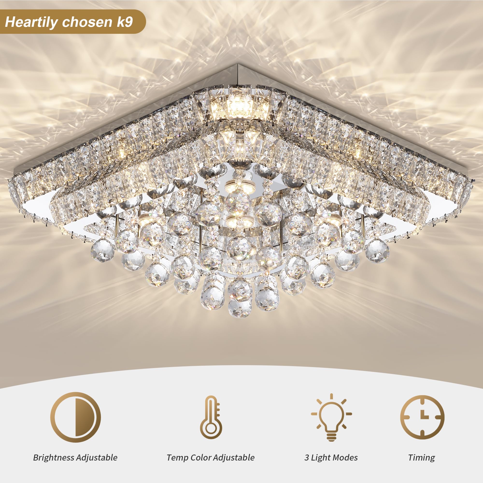 24 Crystal Ceiling-Light Flush Mount with Remote and APP, 3 Colors Temp & Brightness Adjustable, Modern Crystal Raindrop Chandel
